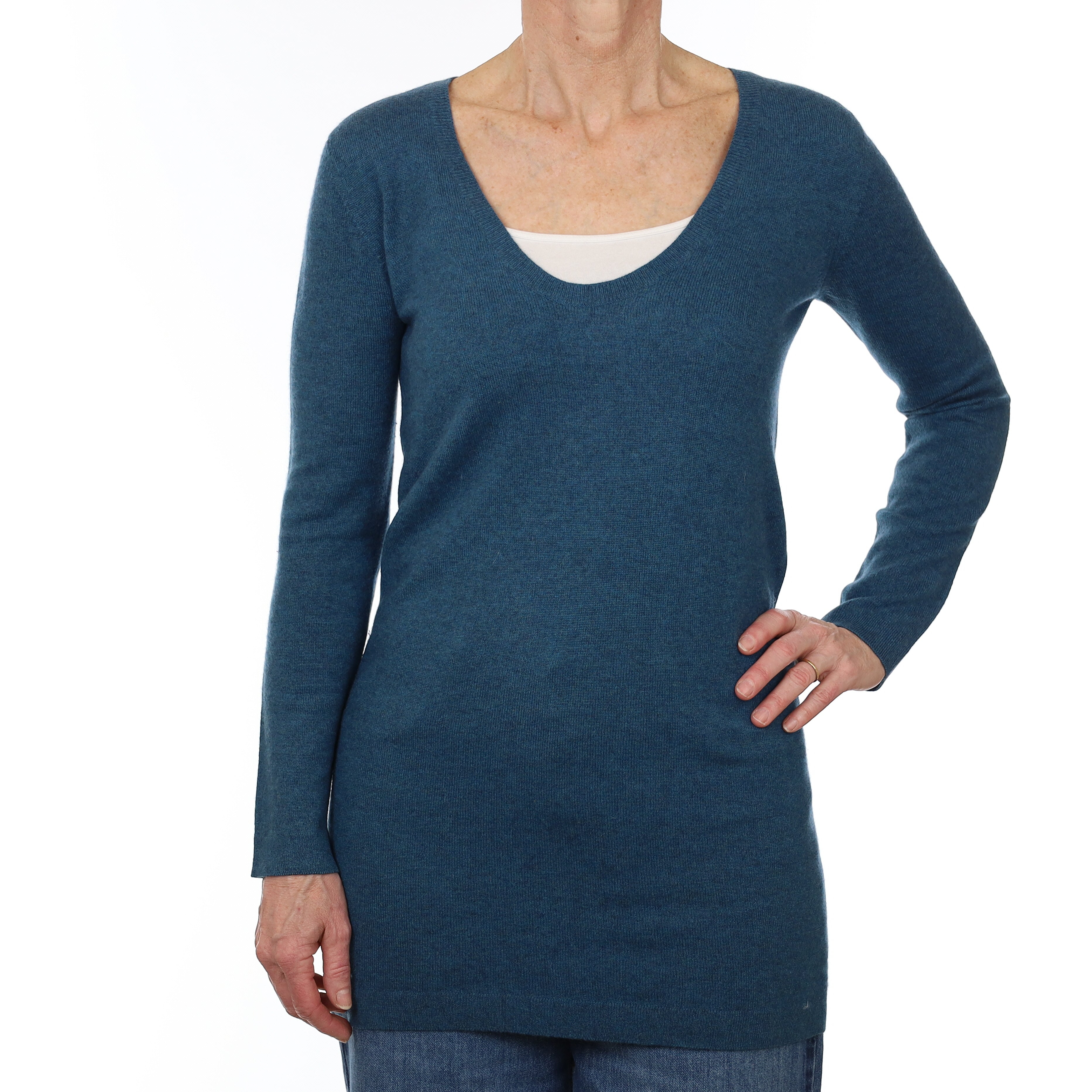 Scottish Brora Ocean Blue Cashmere Longline V Neck Jumper Small