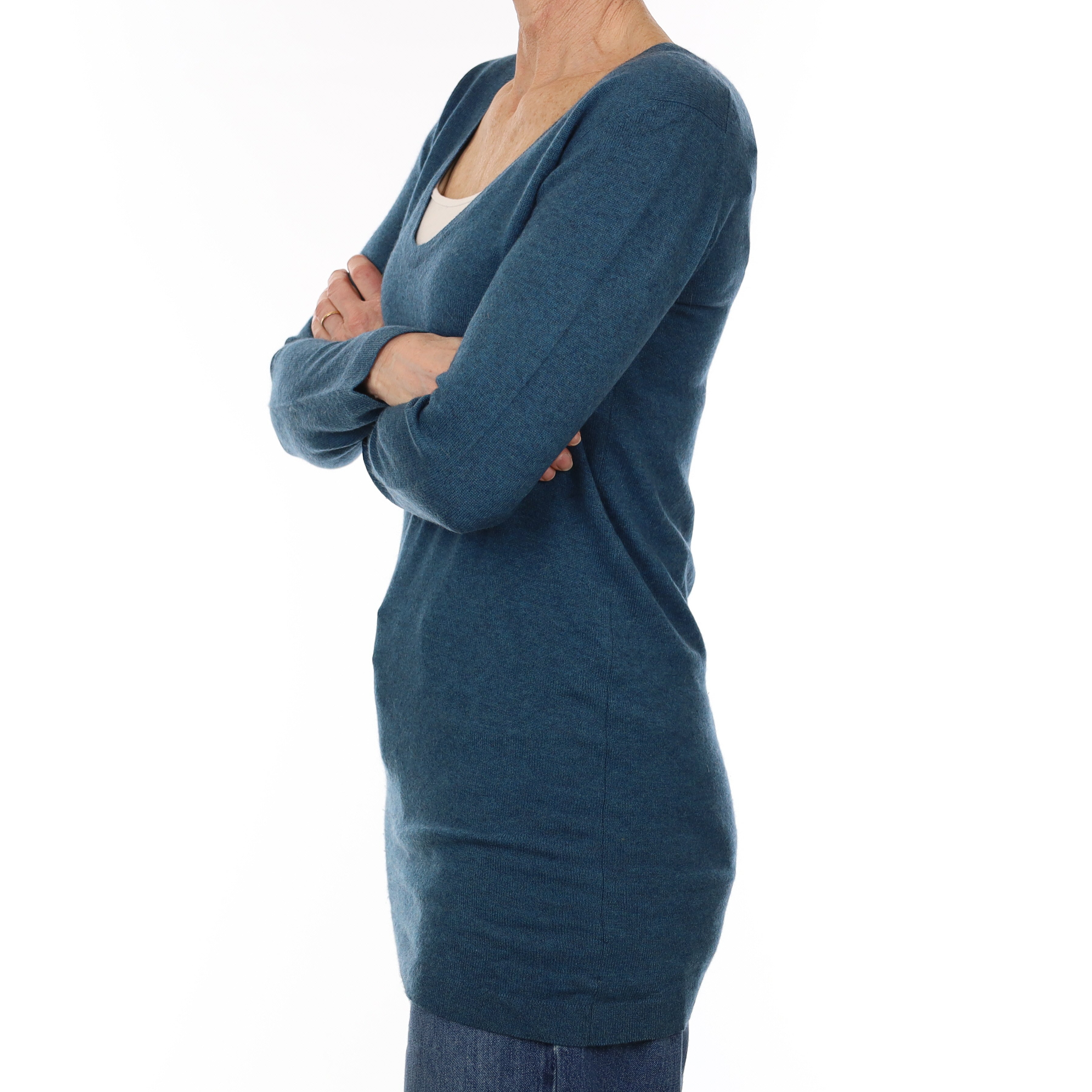 Scottish Brora Ocean Blue Cashmere Longline V Neck Jumper Small