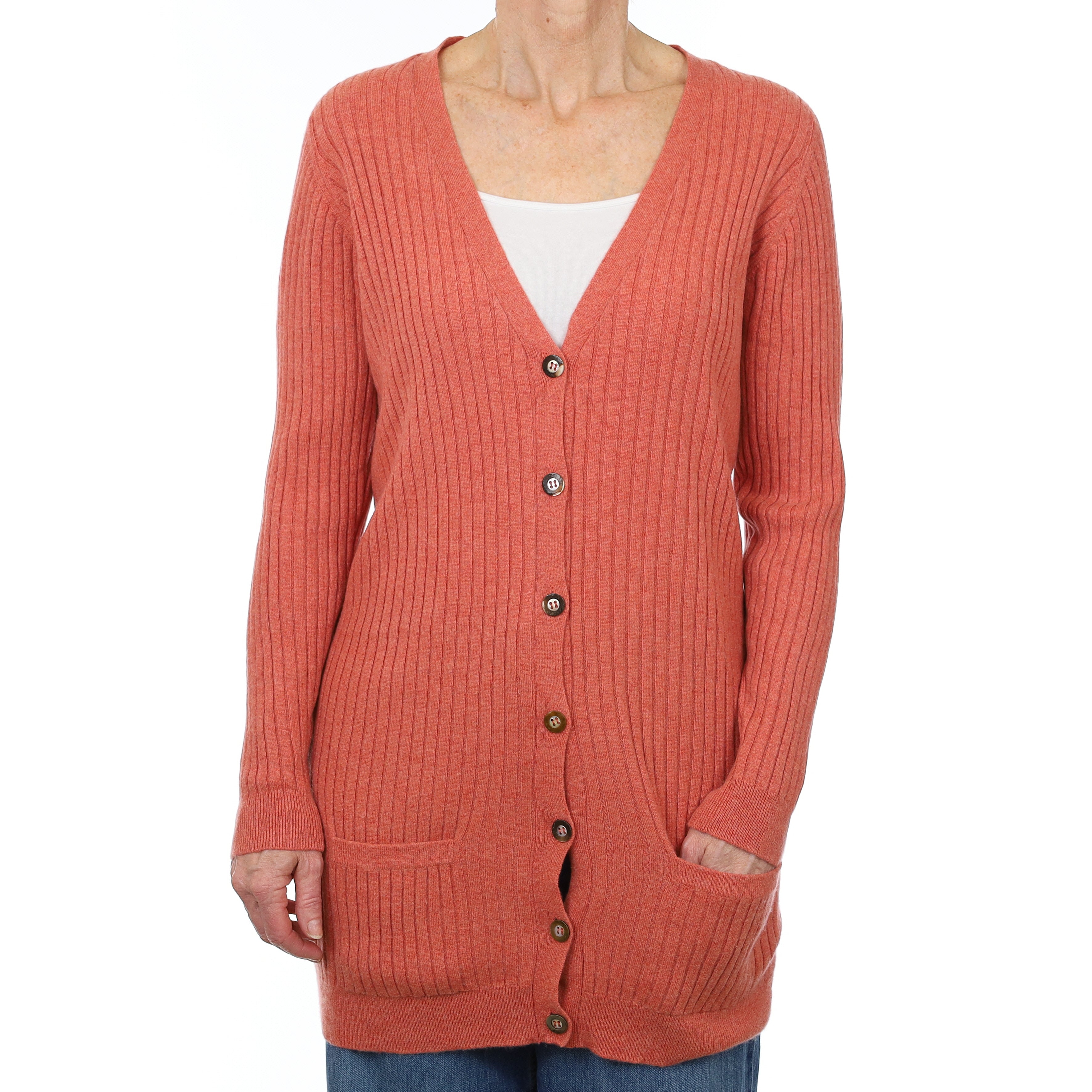 Scottish Brora Coral Rib Cashmere Longline V Neck Cardigan Small