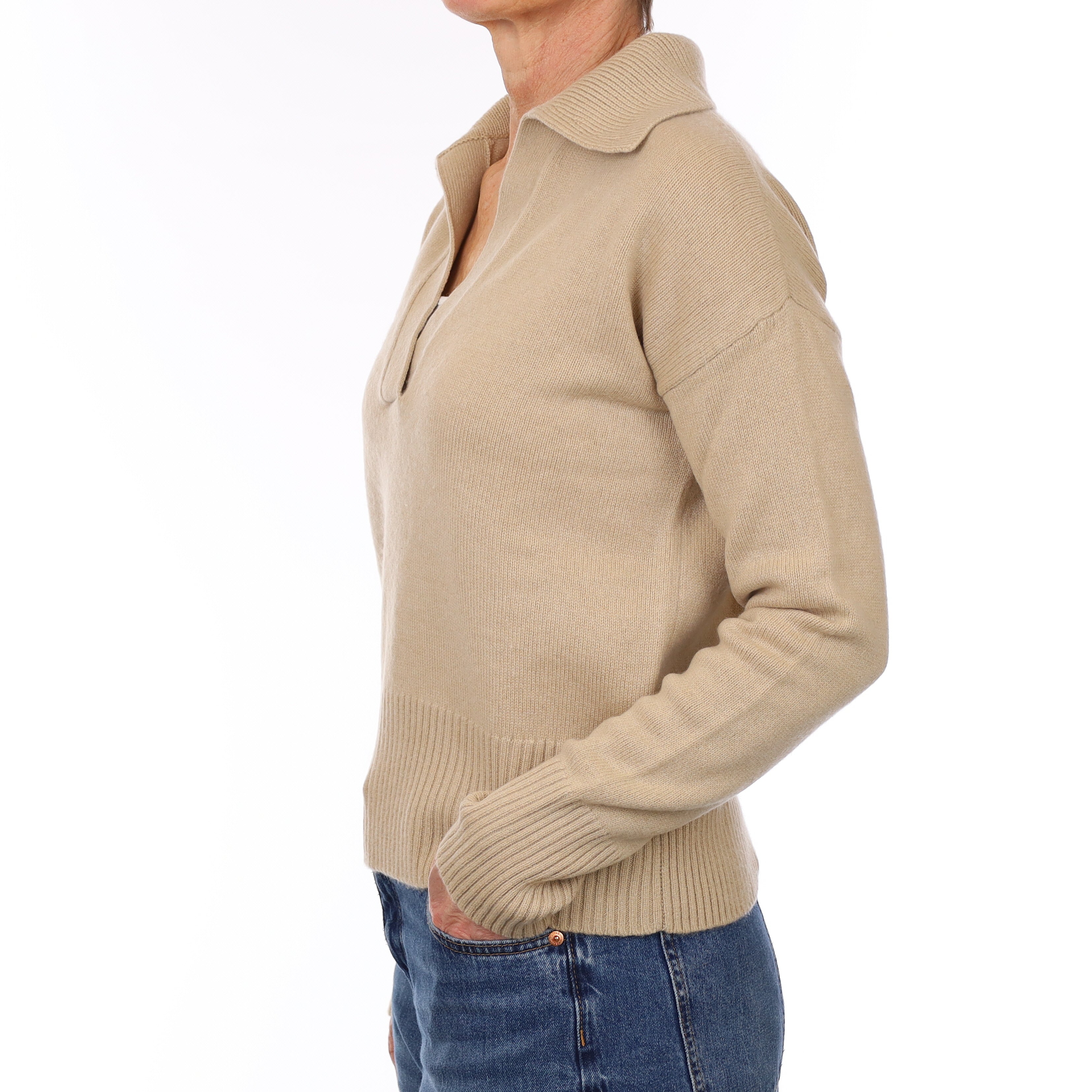 Fawn Heavy Knit Cashmere Collared V Neck Jumper Small