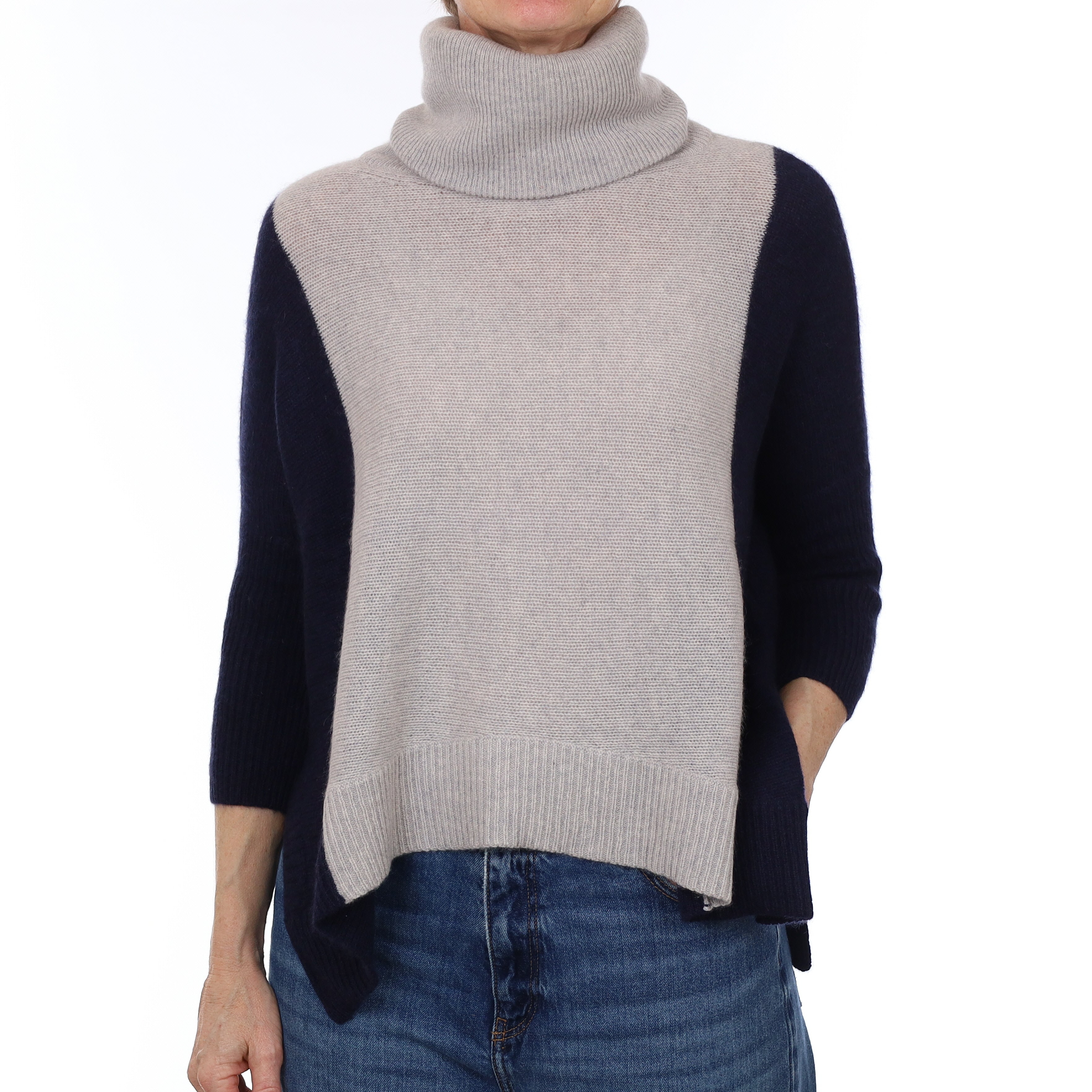 Mist Grey and Navy Cashmere Batwing Polo Neck Jumper Small