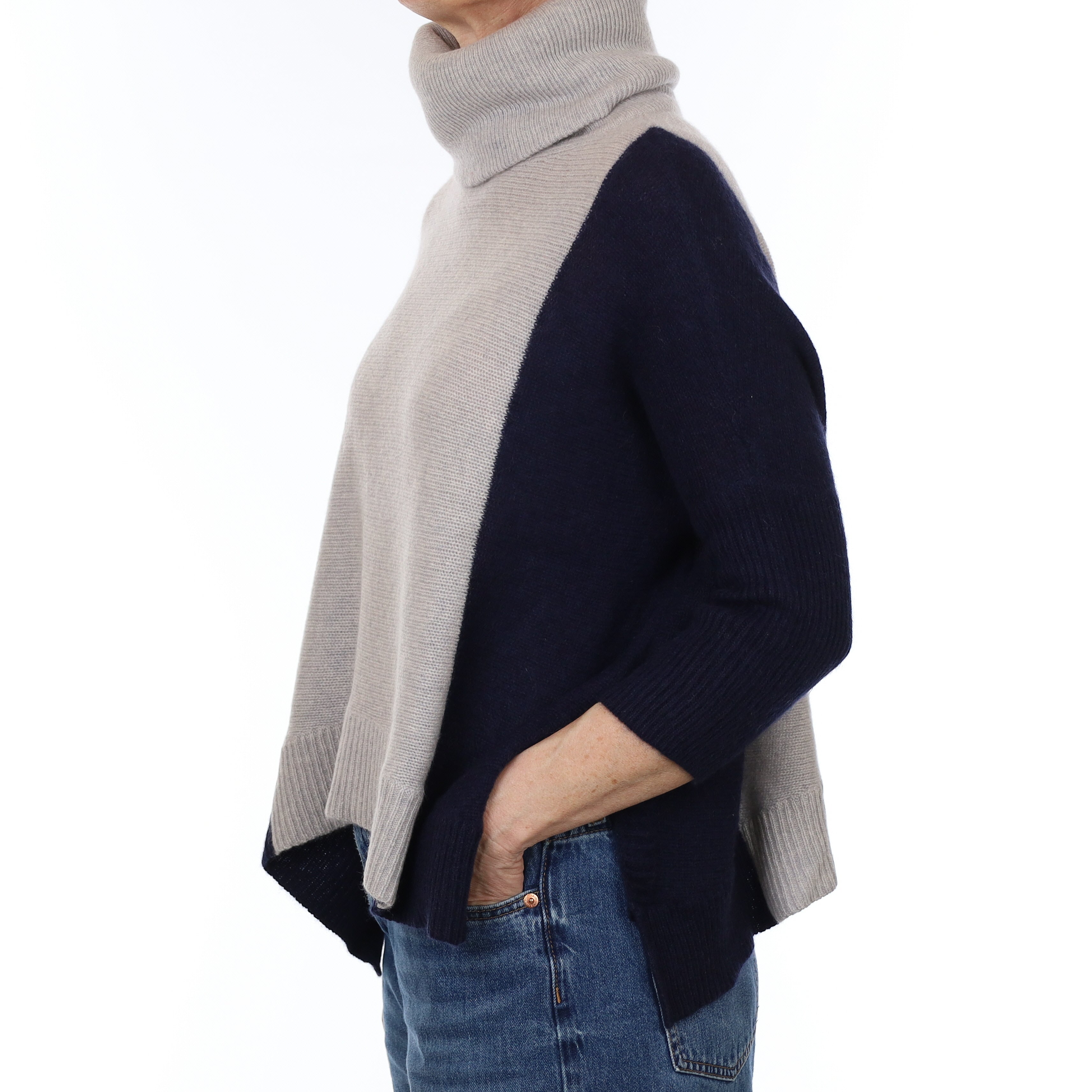 Mist Grey and Navy Cashmere Batwing Polo Neck Jumper Small