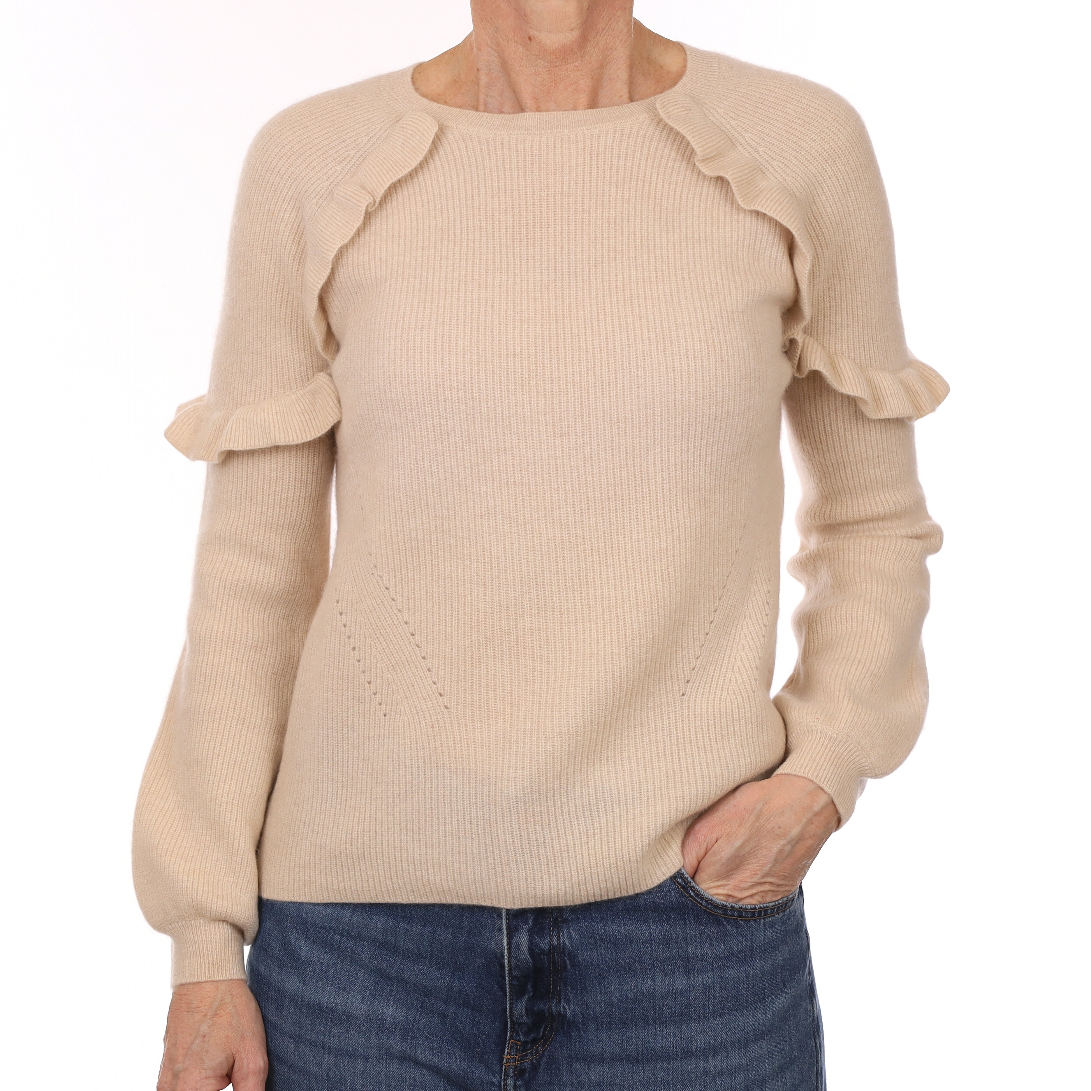 Oatmeal Rib Cashmere Ruffle Trim Crew Neck Jumper Small