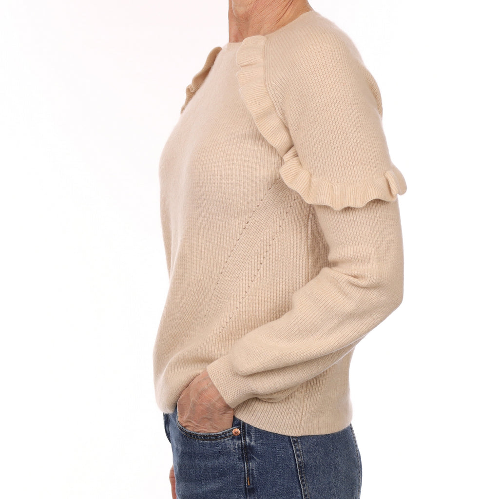Oatmeal Rib Cashmere Ruffle Trim Crew Neck Jumper Small