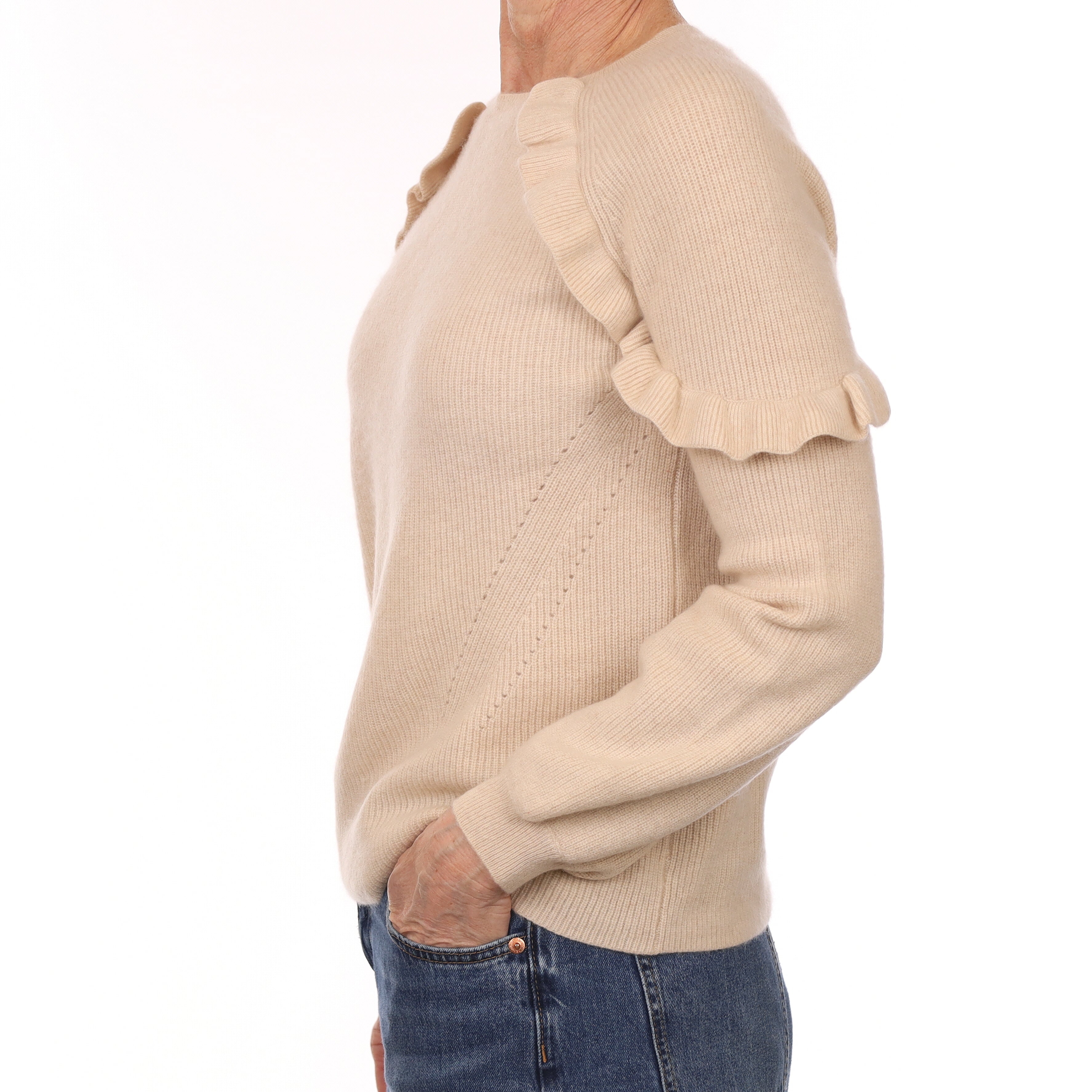 Oatmeal Rib Cashmere Ruffle Trim Crew Neck Jumper Small