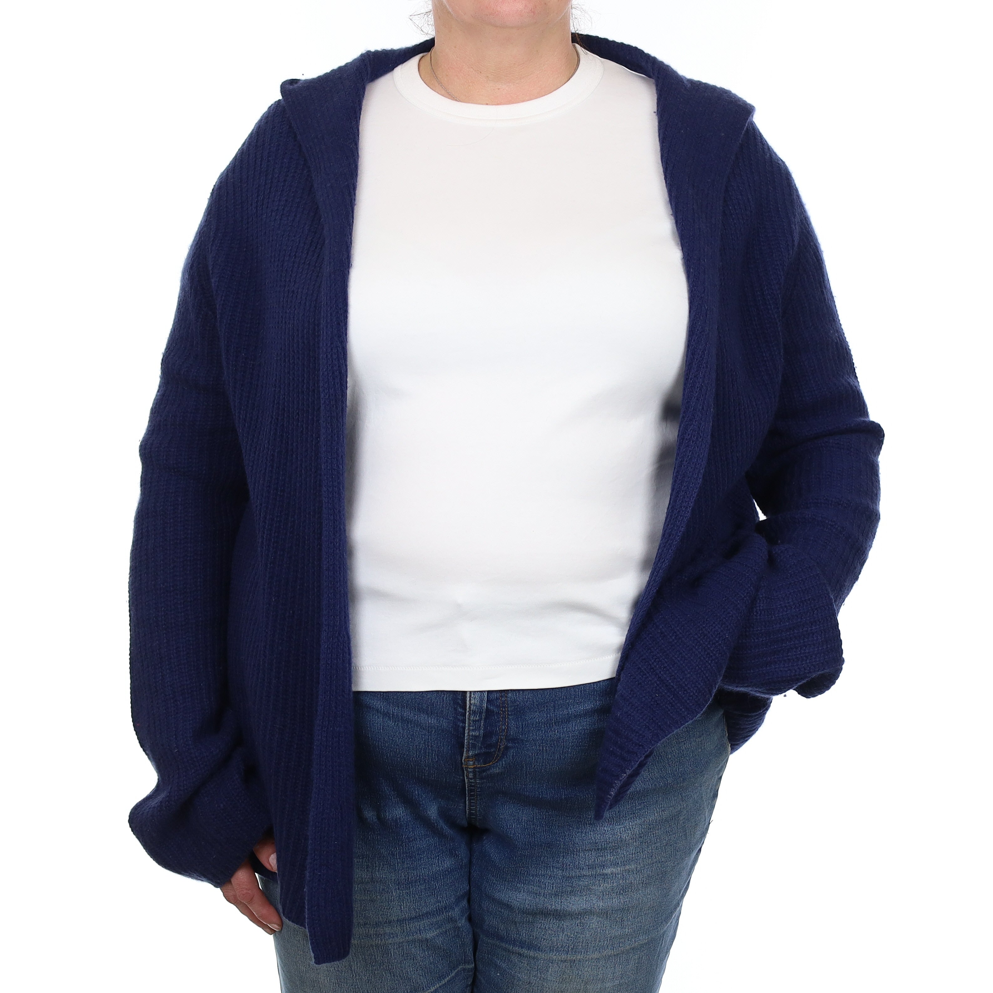 French Navy Chunky Rib Cashmere Cardigan with Hood Extra Large