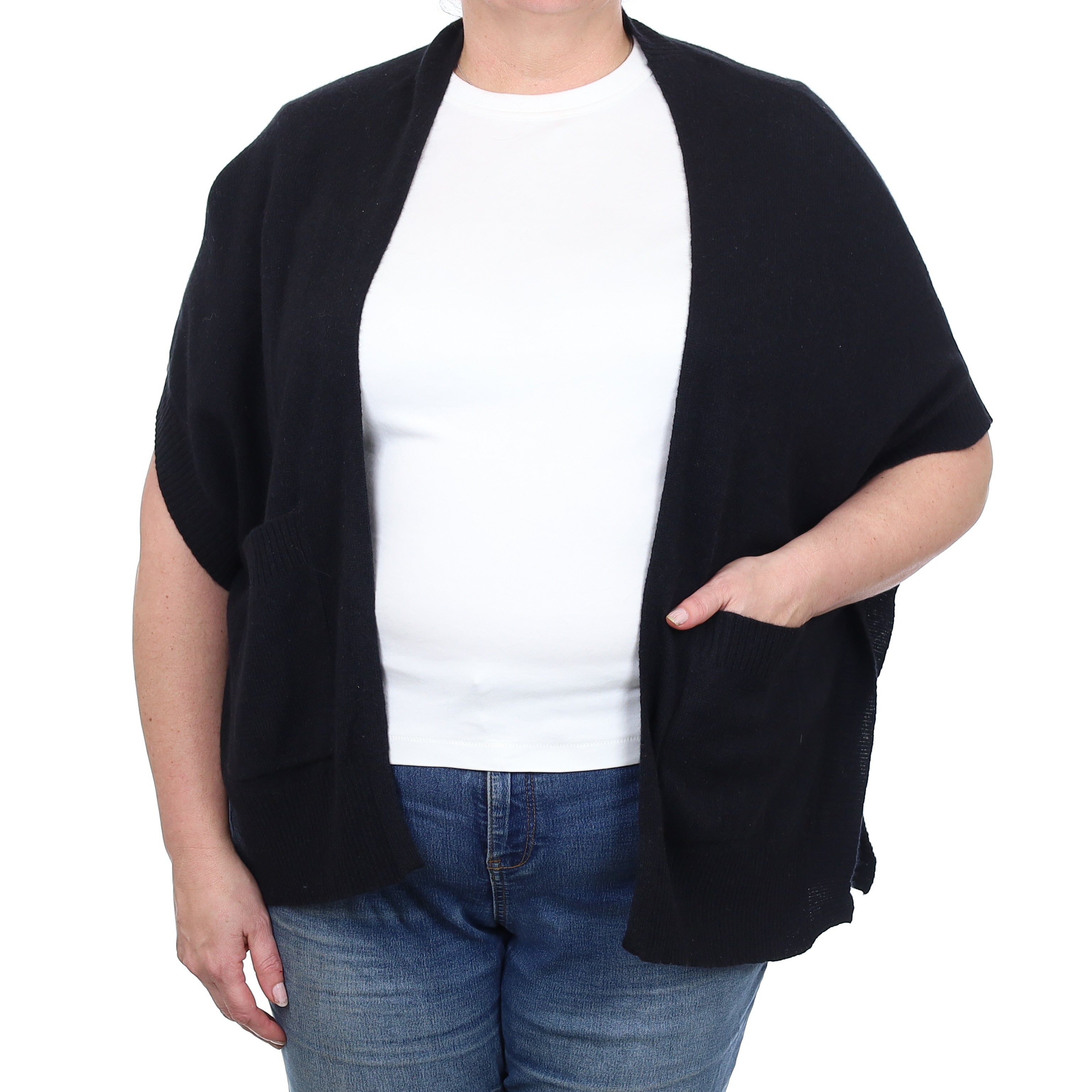 Black Cashmere Sleeveless Poncho Style Cardigan Extra Large