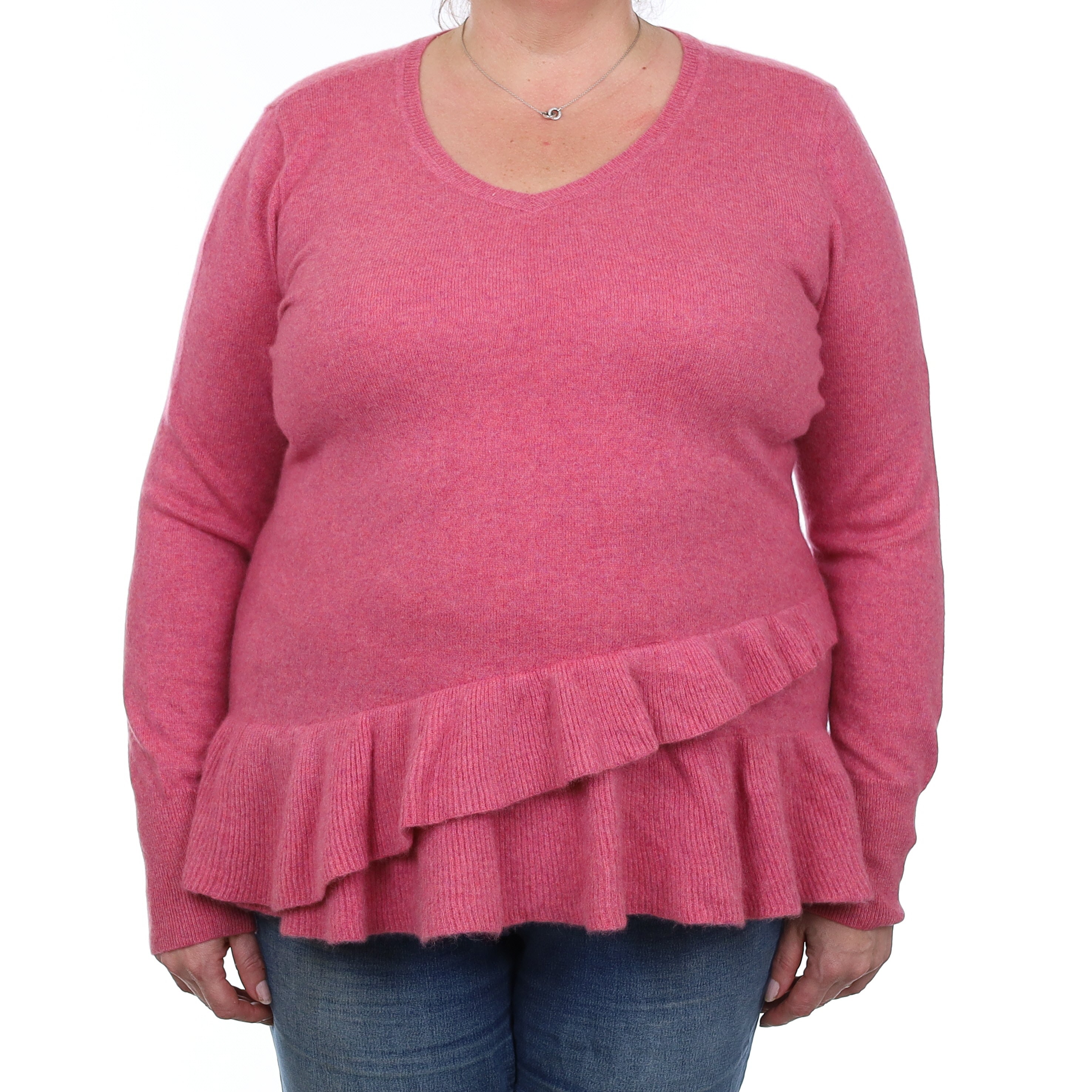 Raspberry Pink Marl Cashmere Peplum V Neck Jumper Extra Large