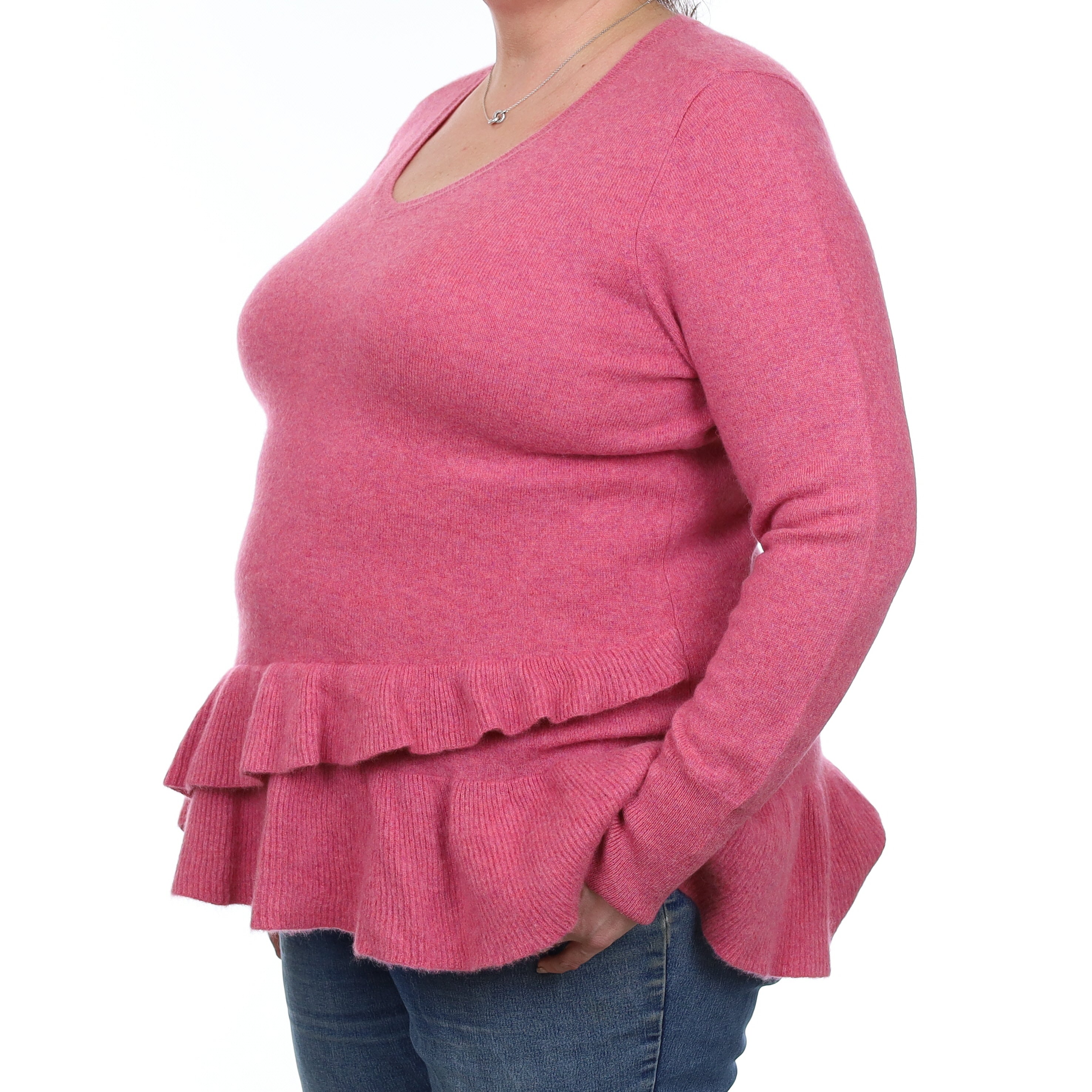 Raspberry Pink Marl Cashmere Peplum V Neck Jumper Extra Large