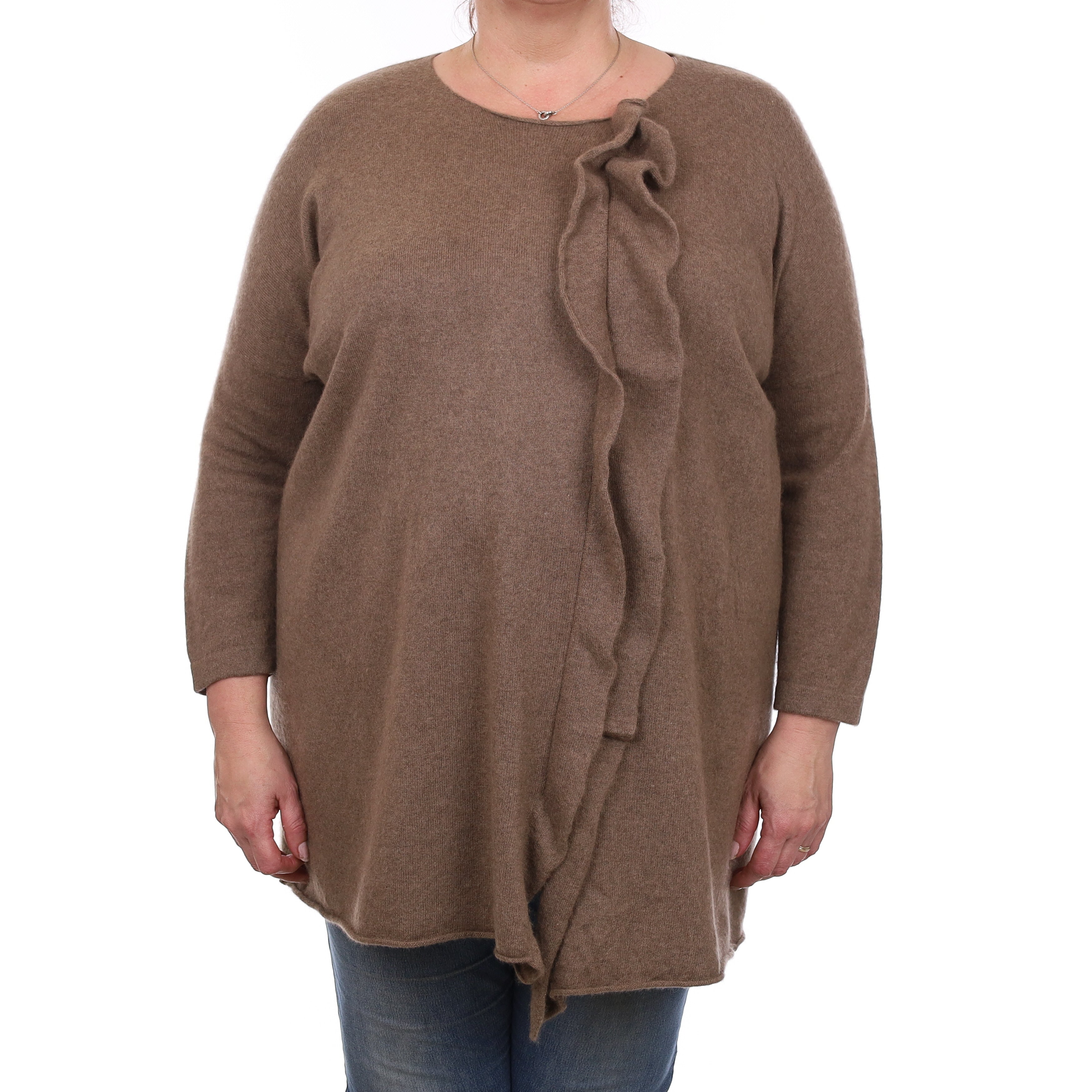 Latte Brown Ruffle Front Cashmere Crew Neck Tunic Jumper Extra Large