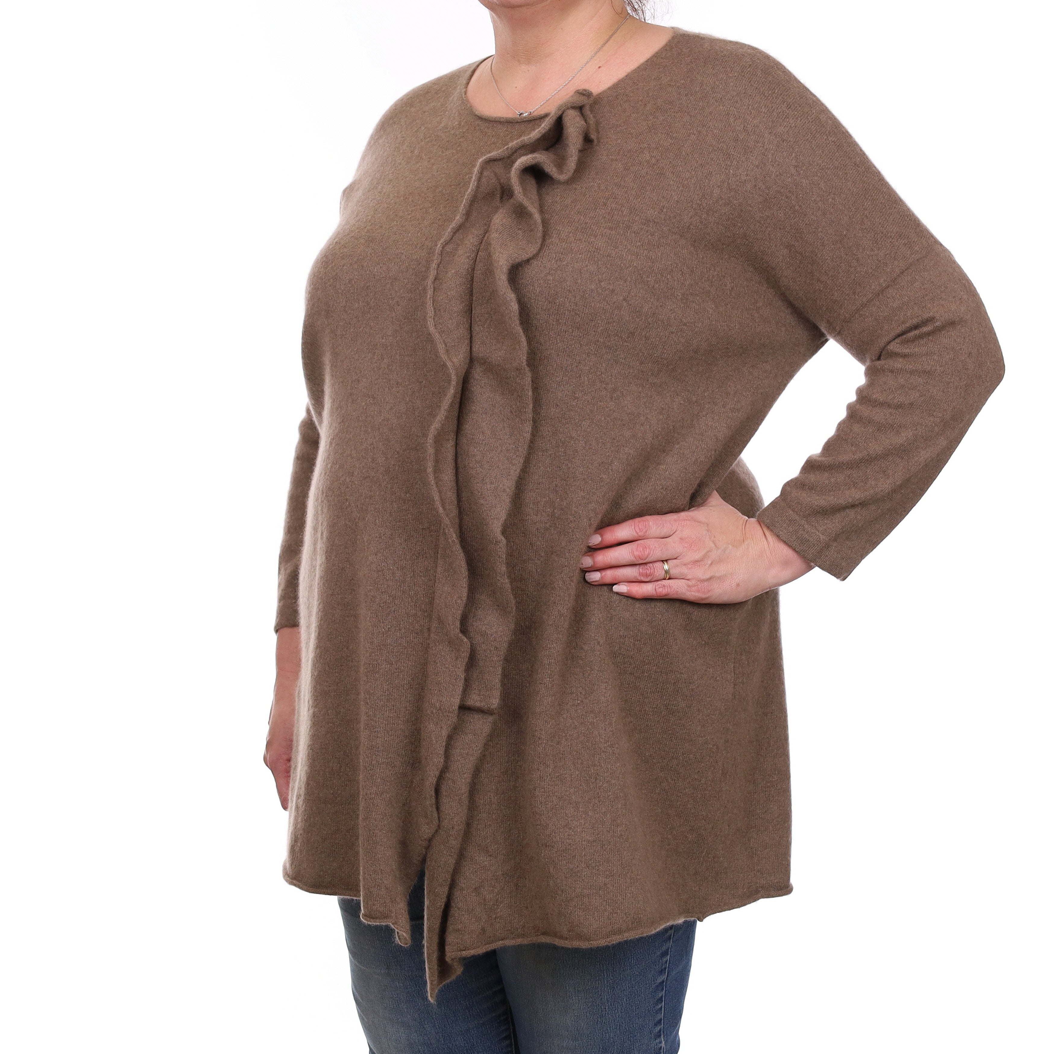 Latte Brown Ruffle Front Cashmere Crew Neck Tunic Jumper Extra Large