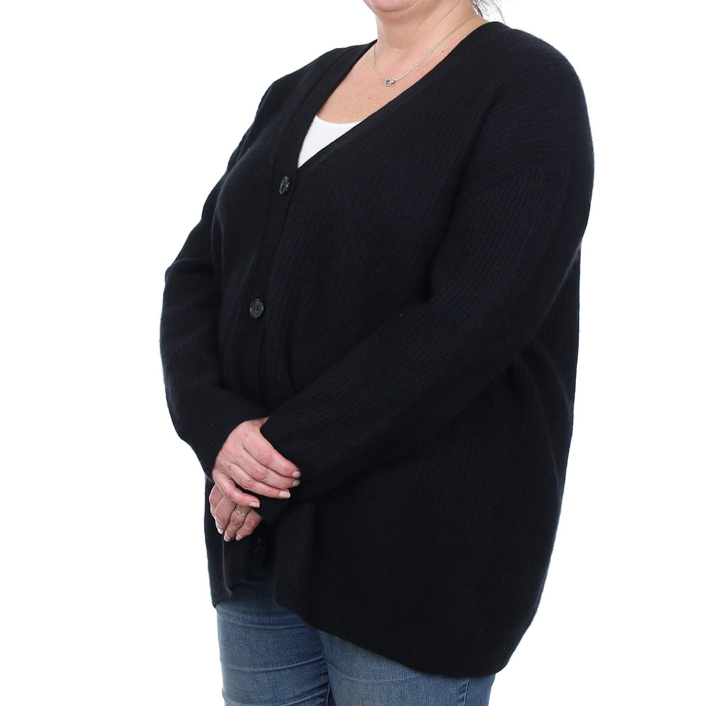 Black Chunky Knit Cashmere Slouchy V Neck Cardigan Extra Large