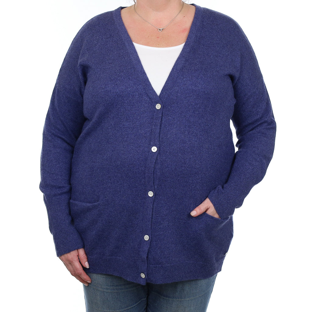 Naval Blue Marl Cashmere V Neck Cardigan with Pockets Extra Large