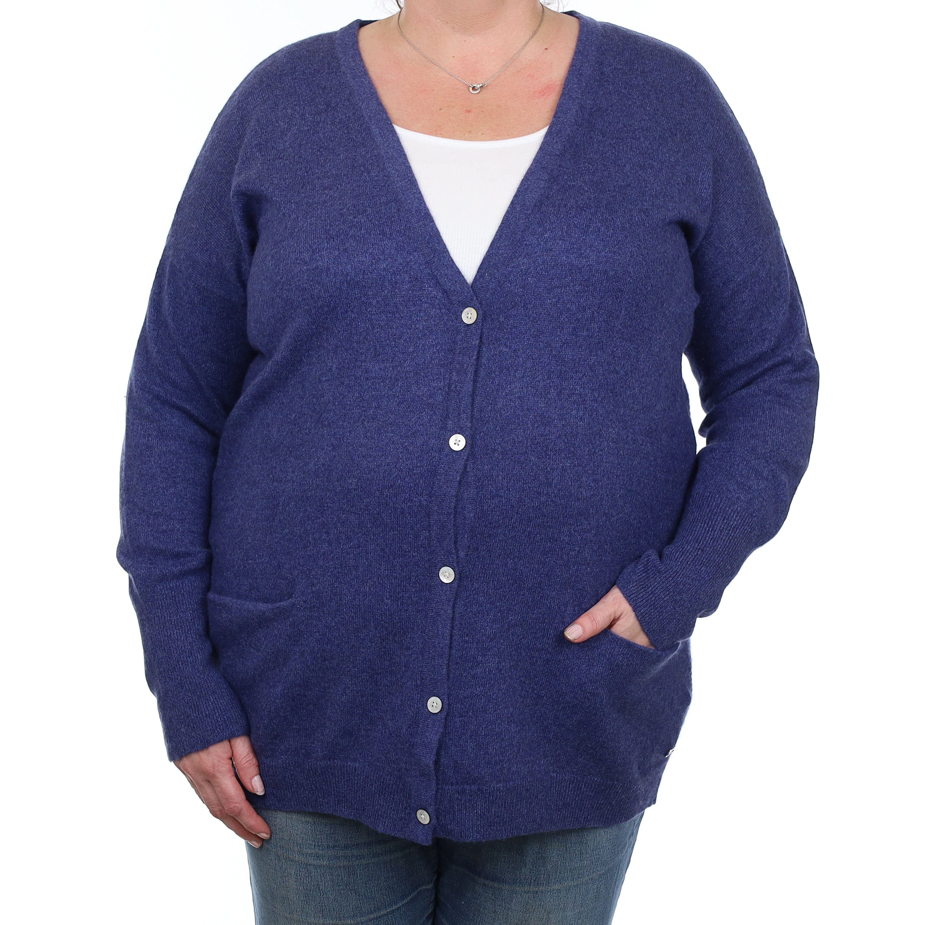 Naval Blue Marl Cashmere V Neck Cardigan with Pockets Extra Large