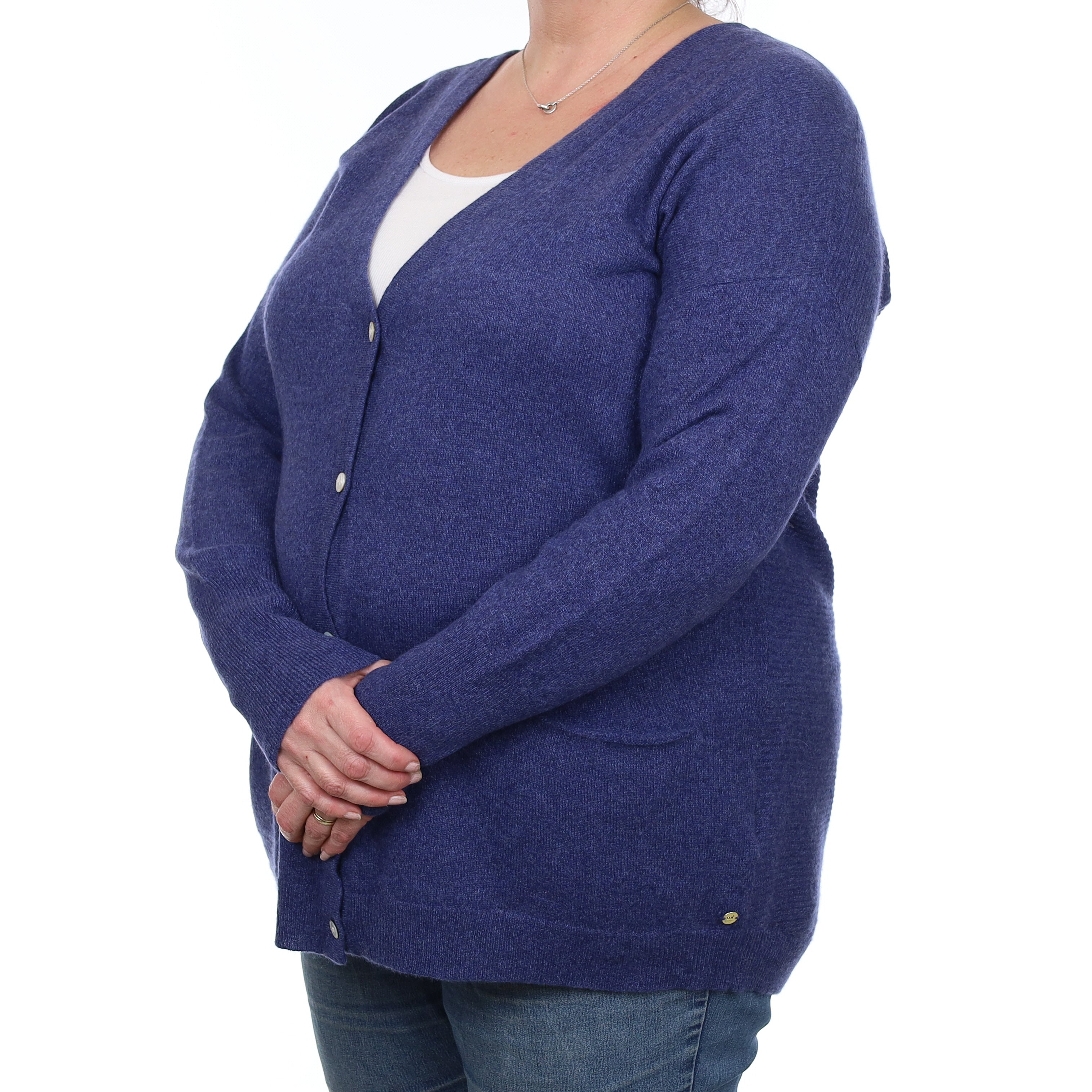 Naval Blue Marl Cashmere V Neck Cardigan with Pockets Extra Large