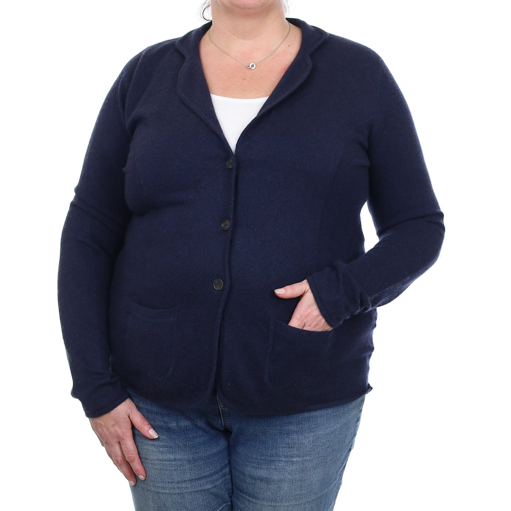Navy Cashmere Collared Jacket Style Cardigan with Pockets Extra Large