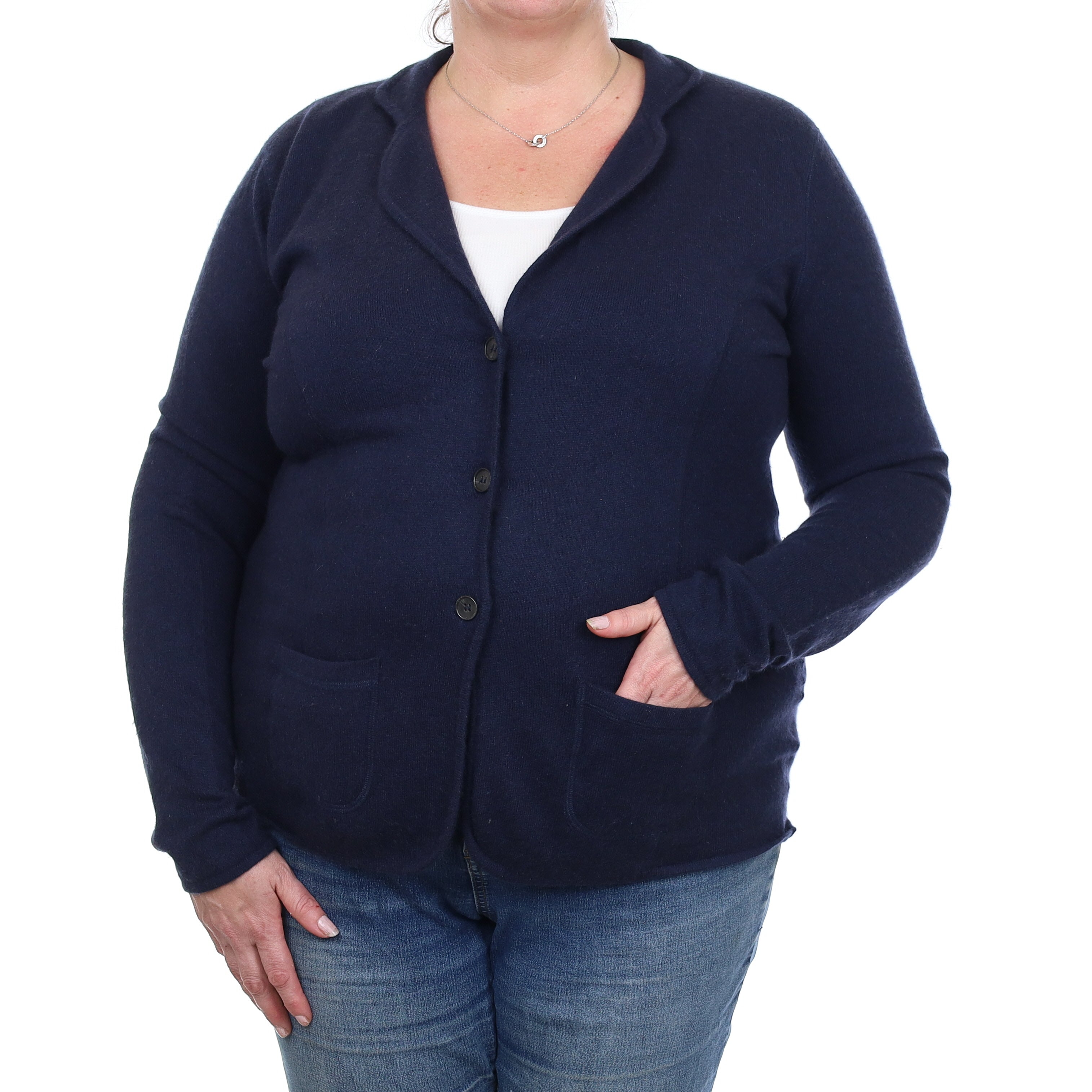Navy Cashmere Collared Jacket Style Cardigan with Pockets Extra Large