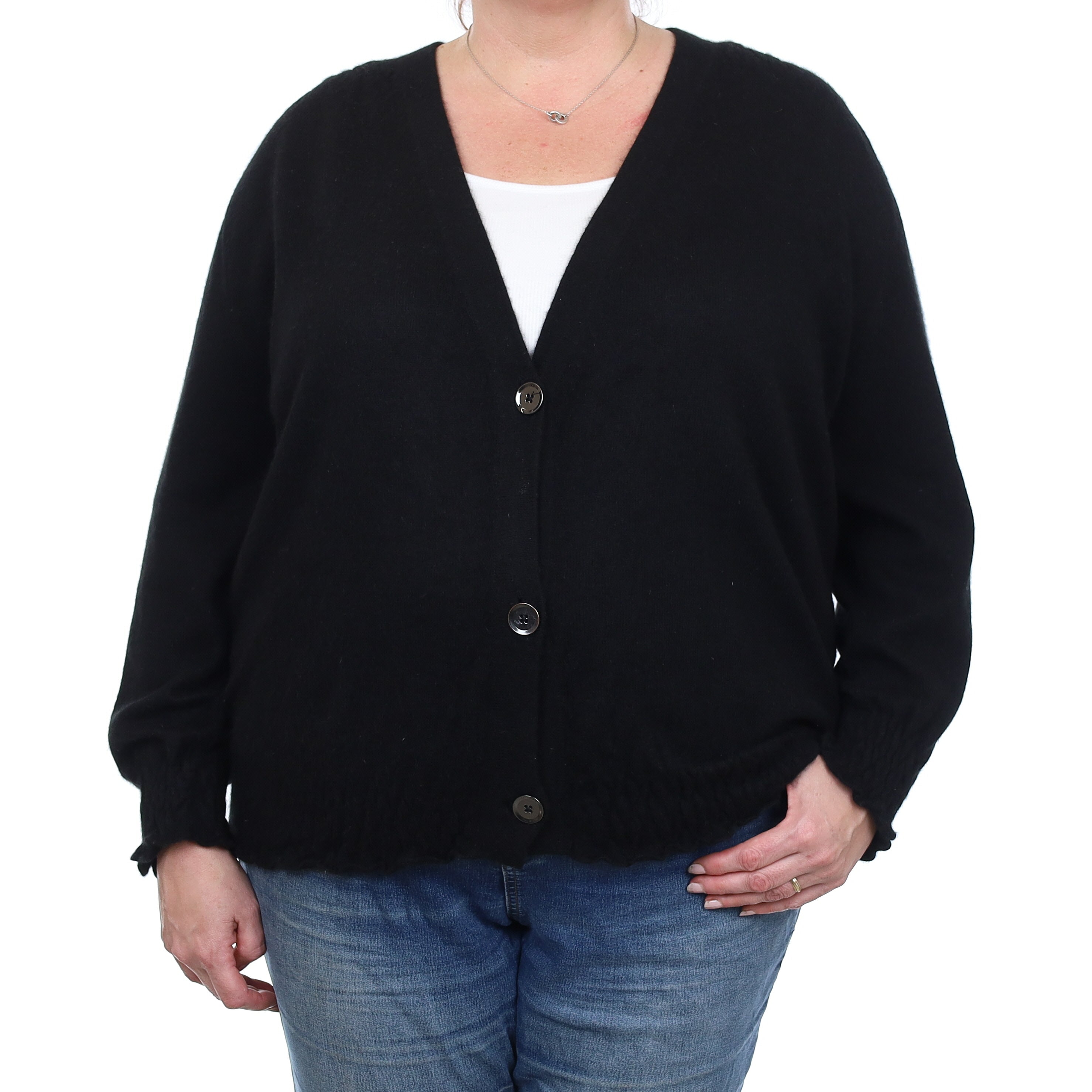 Jaeger Black Gathered Edge Cashmere V Neck Cardigan Extra Large