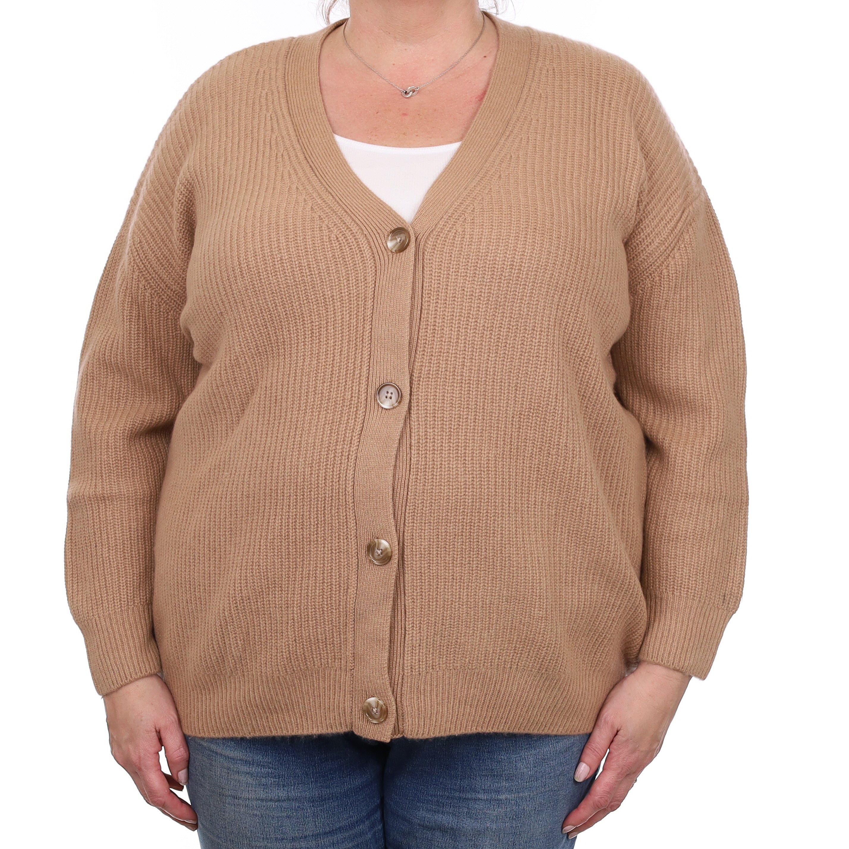 Caramel Brown Chunky Rib Cashmere V Neck Cardigan Extra Large