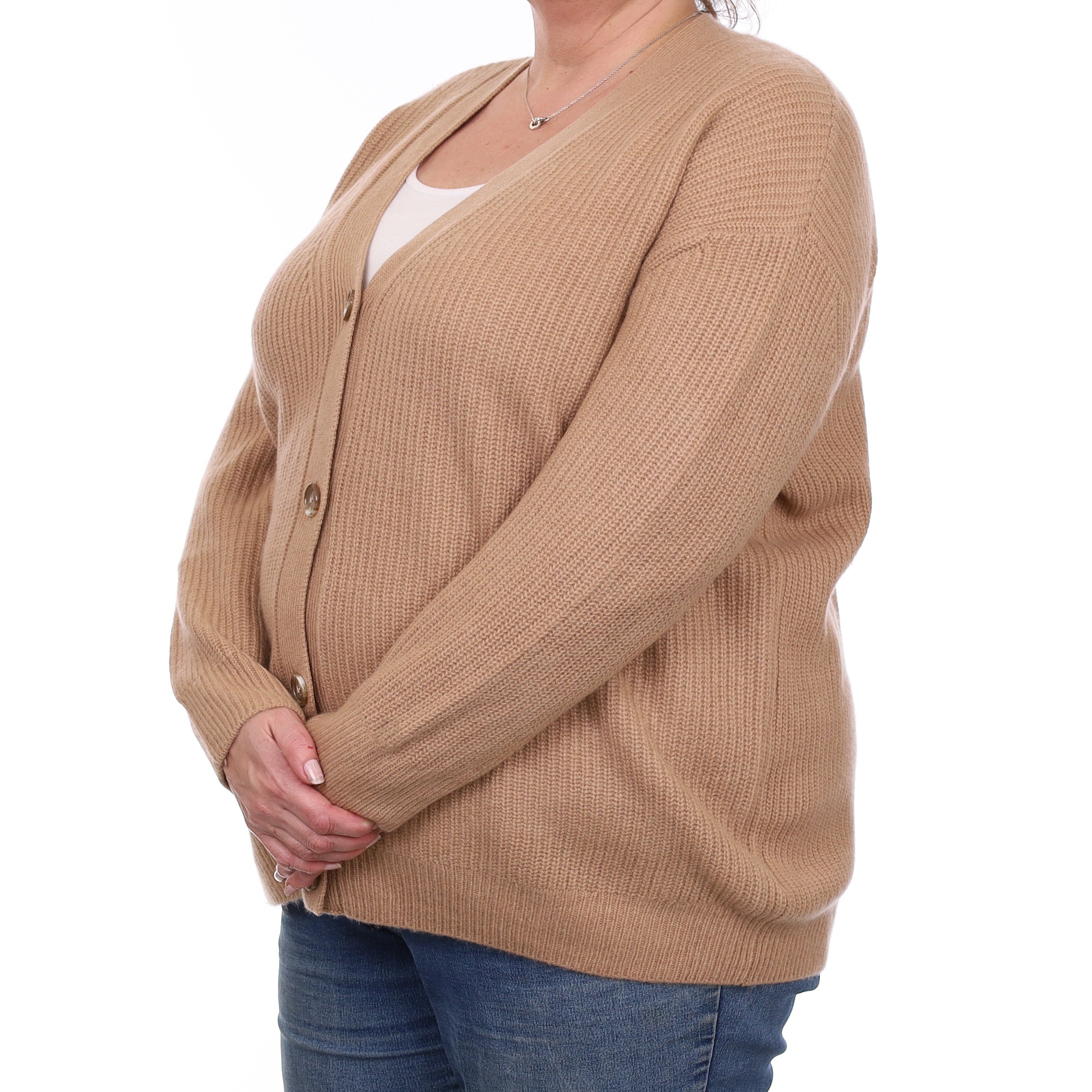 Caramel Brown Chunky Rib Cashmere V Neck Cardigan Extra Large