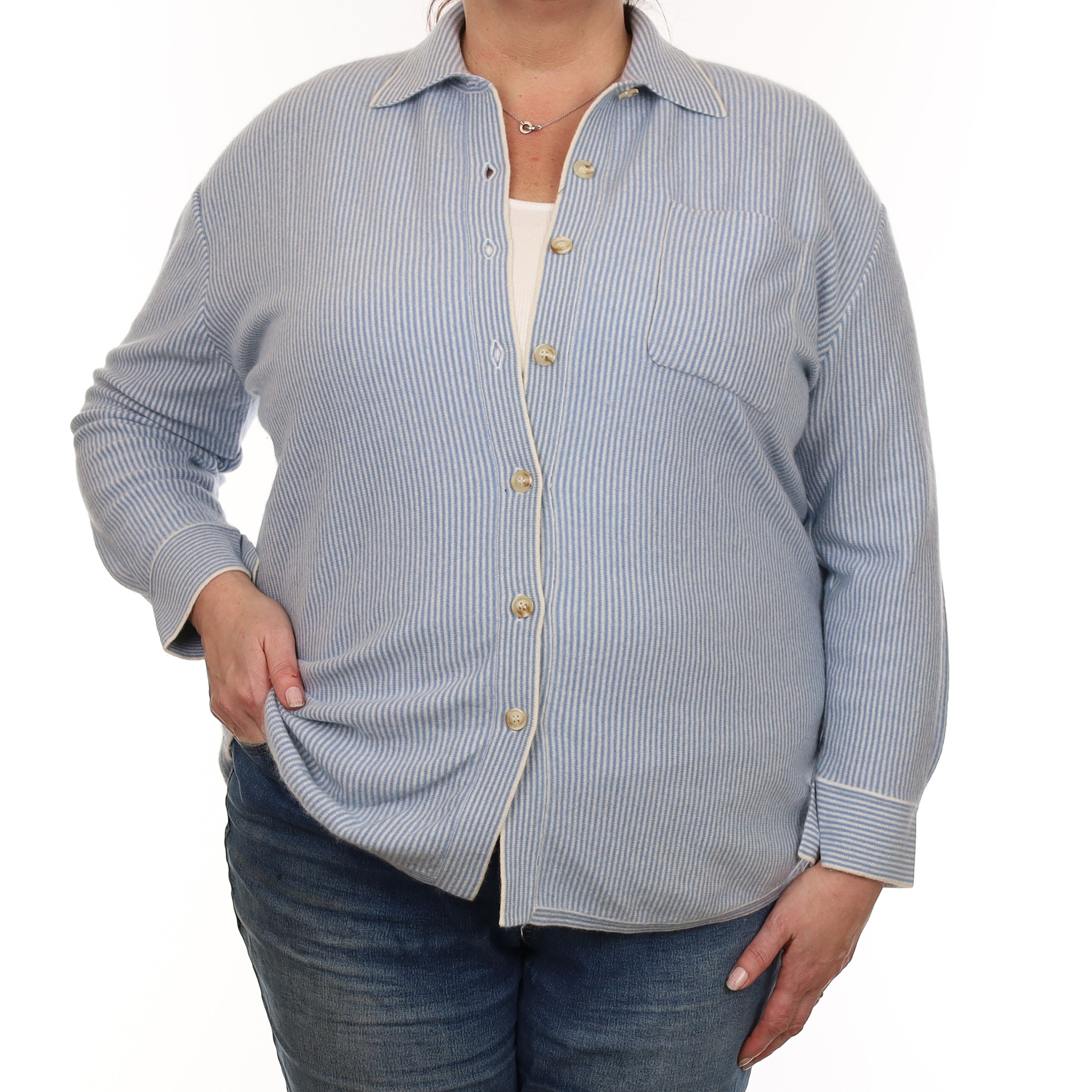 Blue and White Stripe Cashmere Shirt with Pocket Extra Large