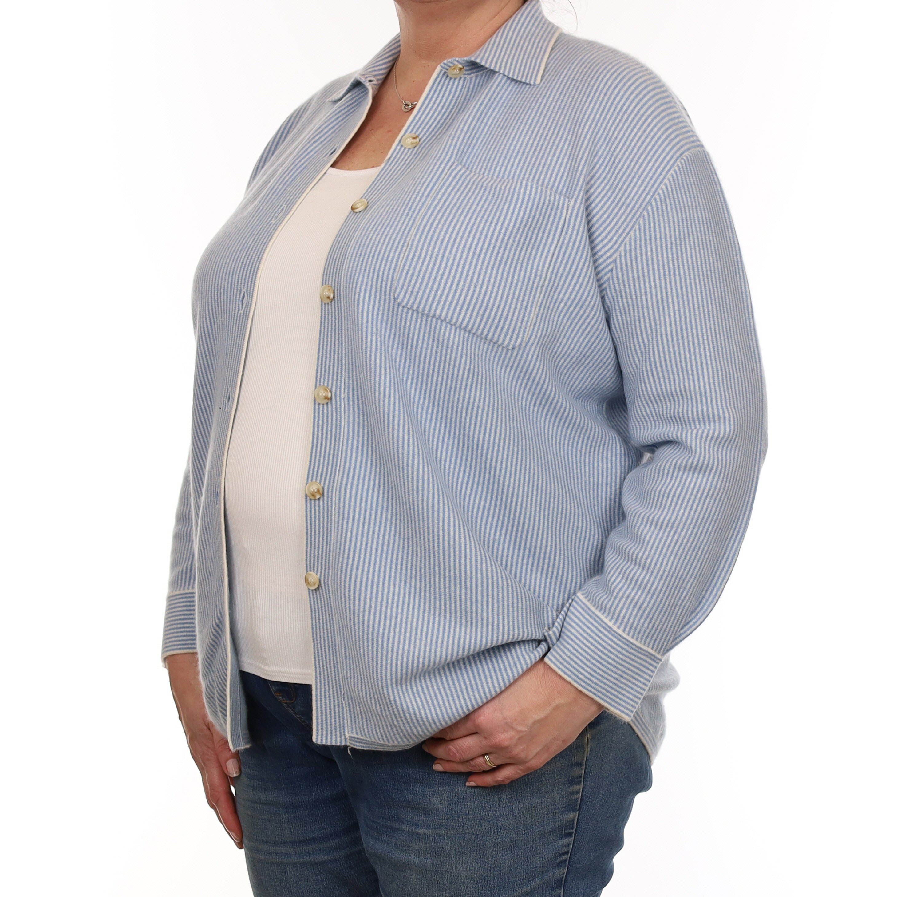 Blue and White Stripe Cashmere Shirt with Pocket Extra Large
