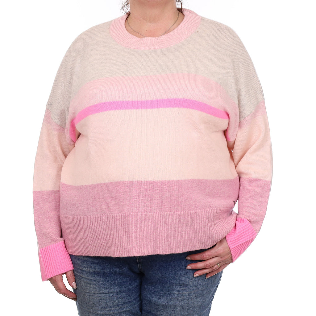 Pink and Grey Stripe Chunky Cashmere Crew Neck Jumper Extra Large