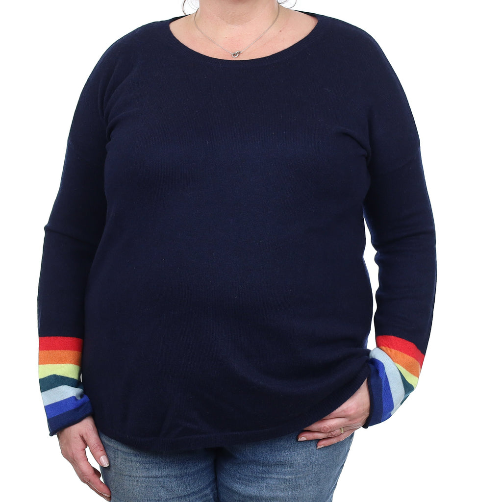 Wyse London Navy Stripe Sleeve Cashmere Crew Neck Jumper Extra Large