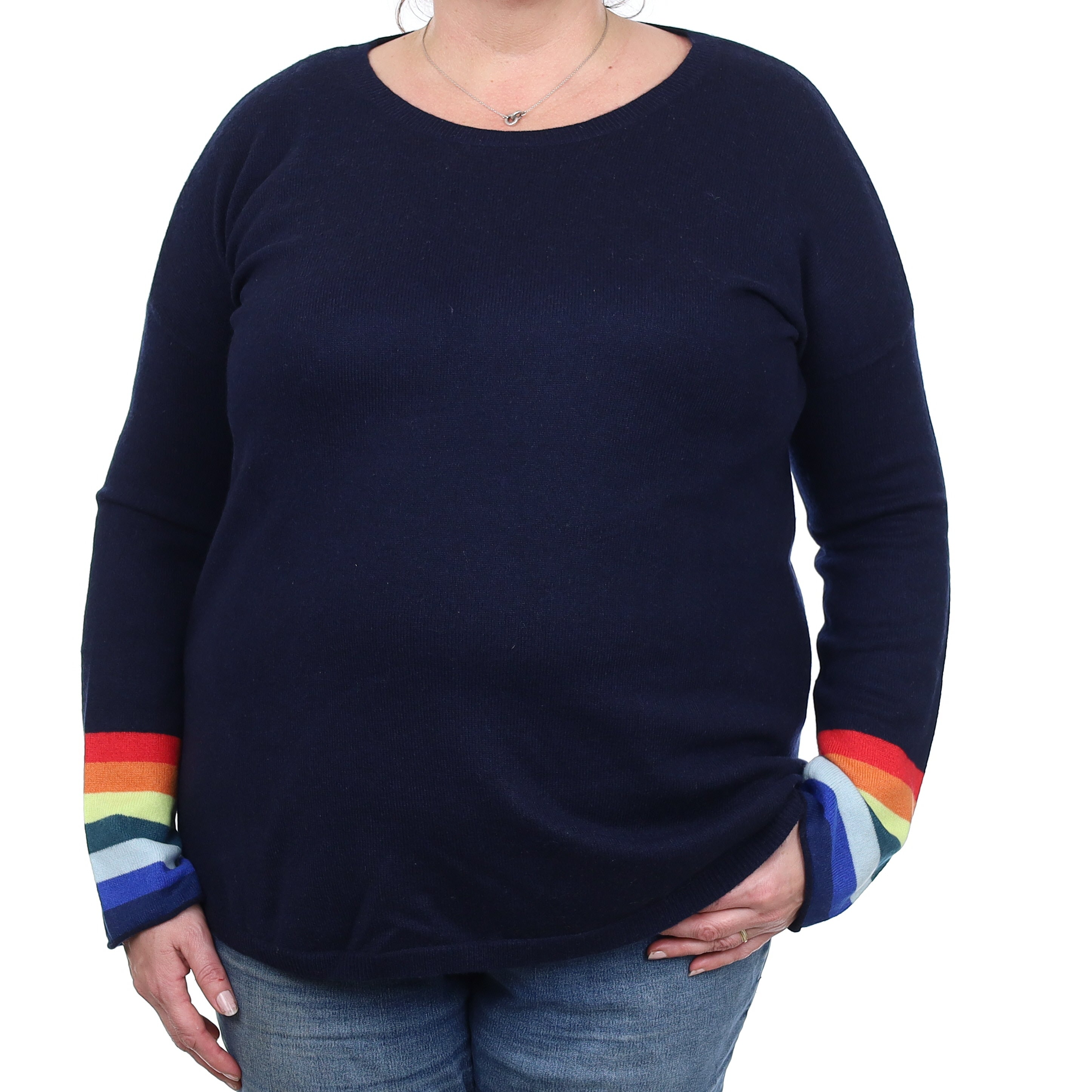 Wyse London Navy Stripe Sleeve Cashmere Crew Neck Jumper Extra Large