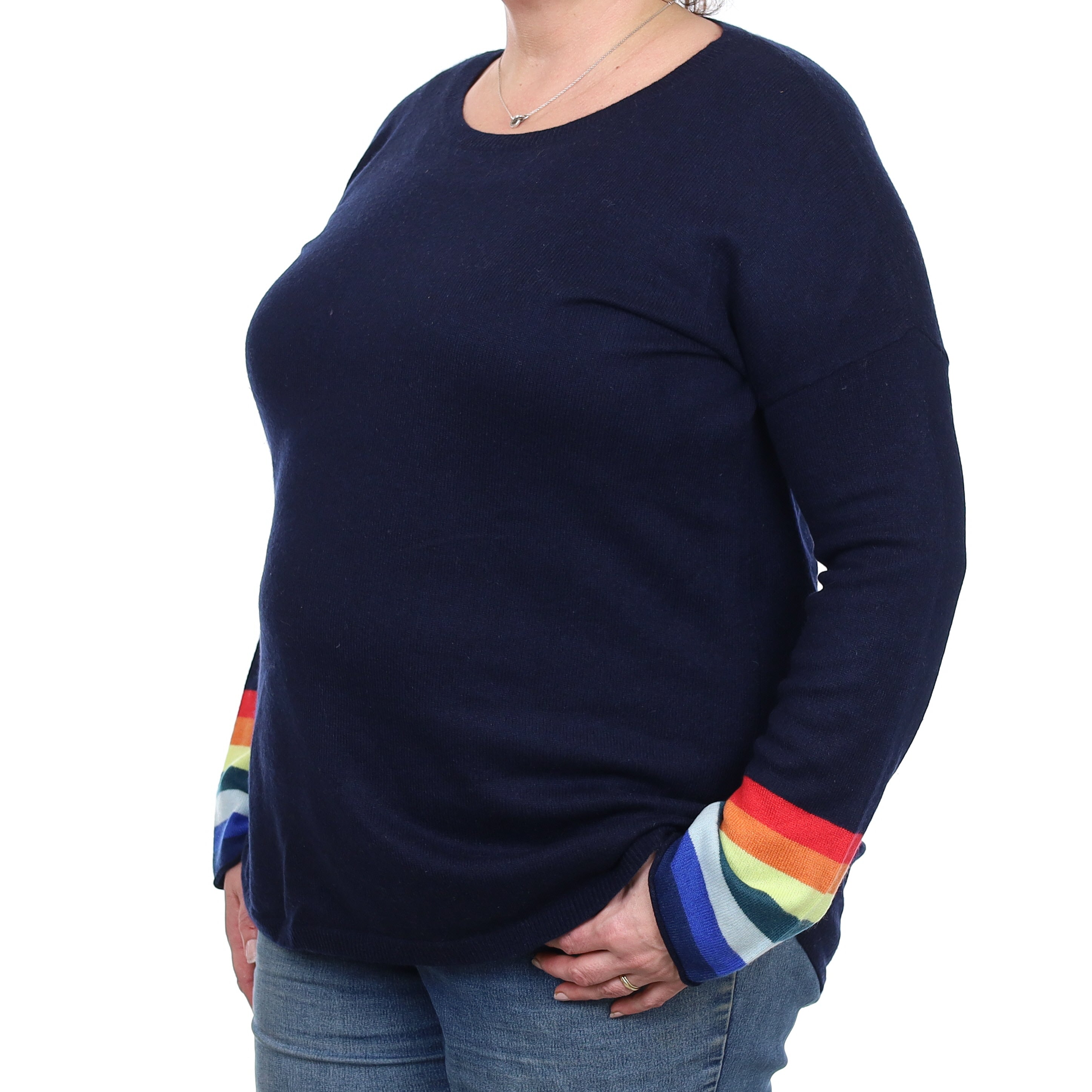 Wyse London Navy Stripe Sleeve Cashmere Crew Neck Jumper Extra Large