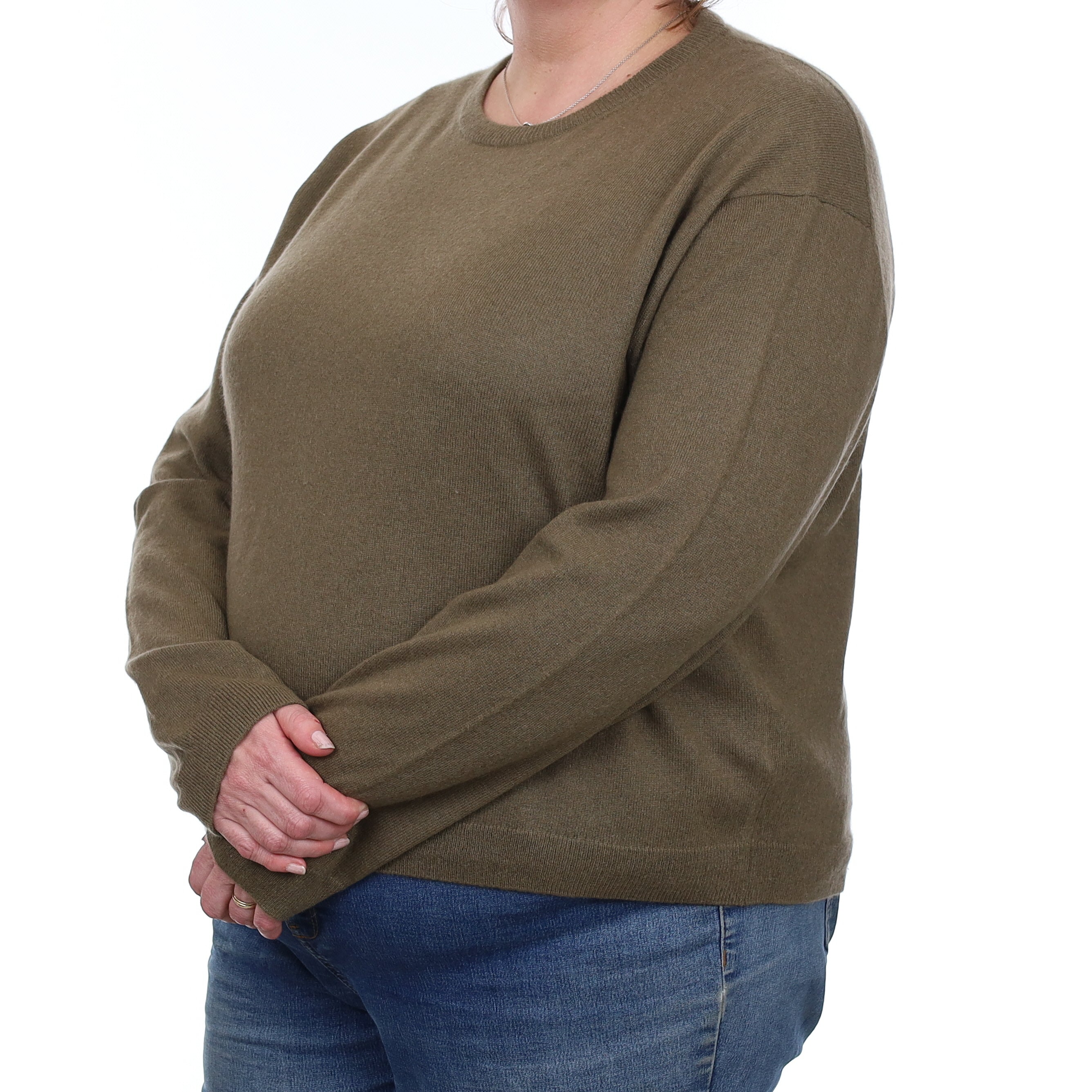 Khaki Green Cashmere Slouchy Crew Neck Jumper Extra Large