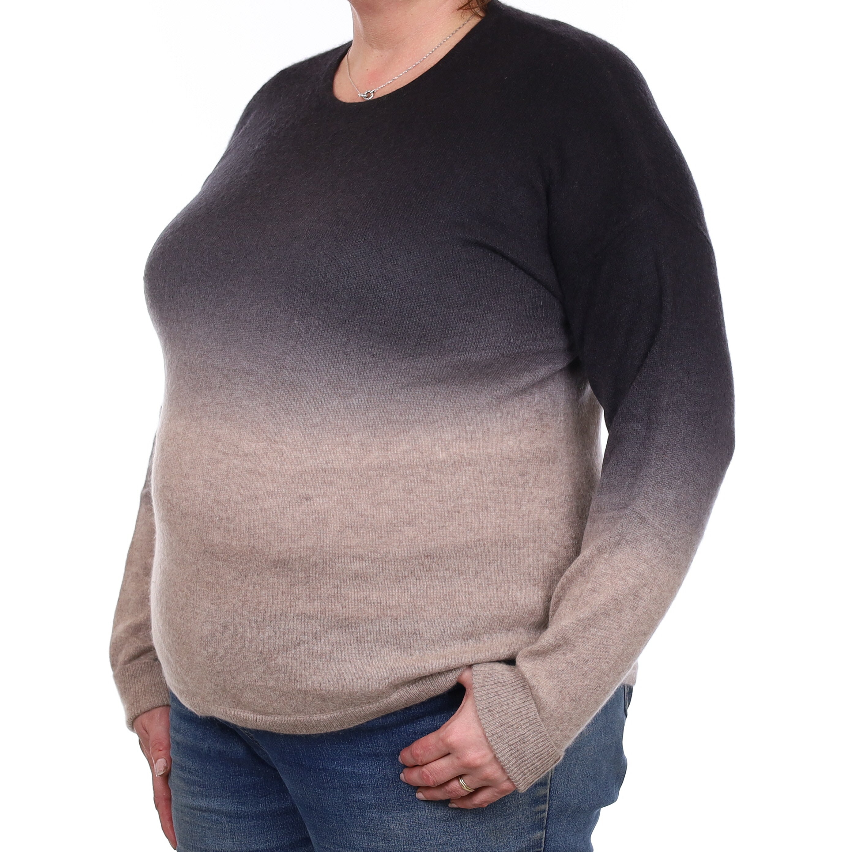 Black and Taupe Ombré Cashmere Crew Neck Jumper Extra Large