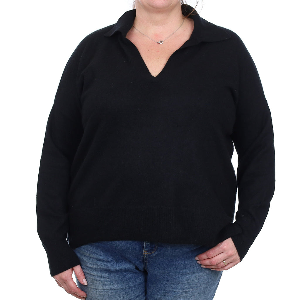 Black Cashmere Collared V Neck Jumper XXL