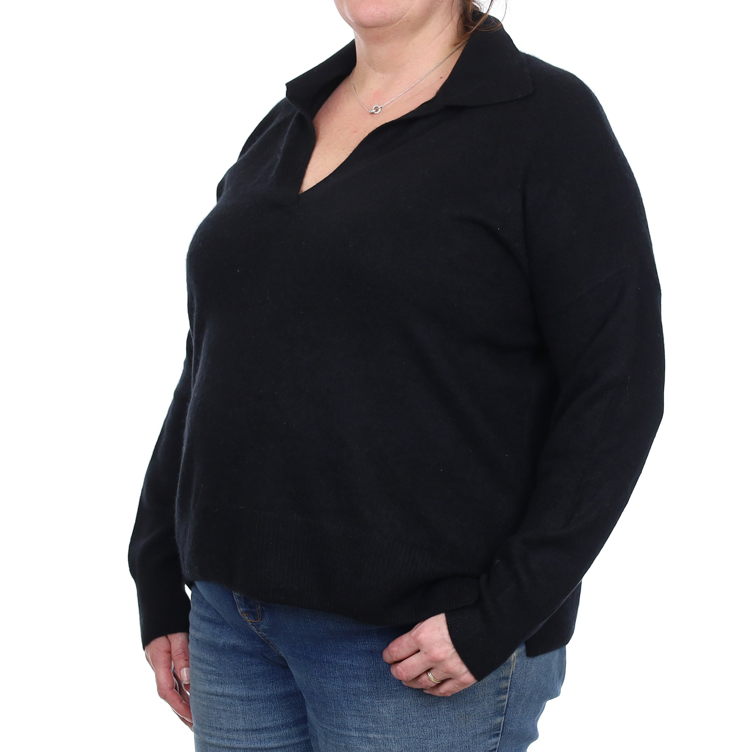 Black Cashmere Collared V Neck Jumper XXL