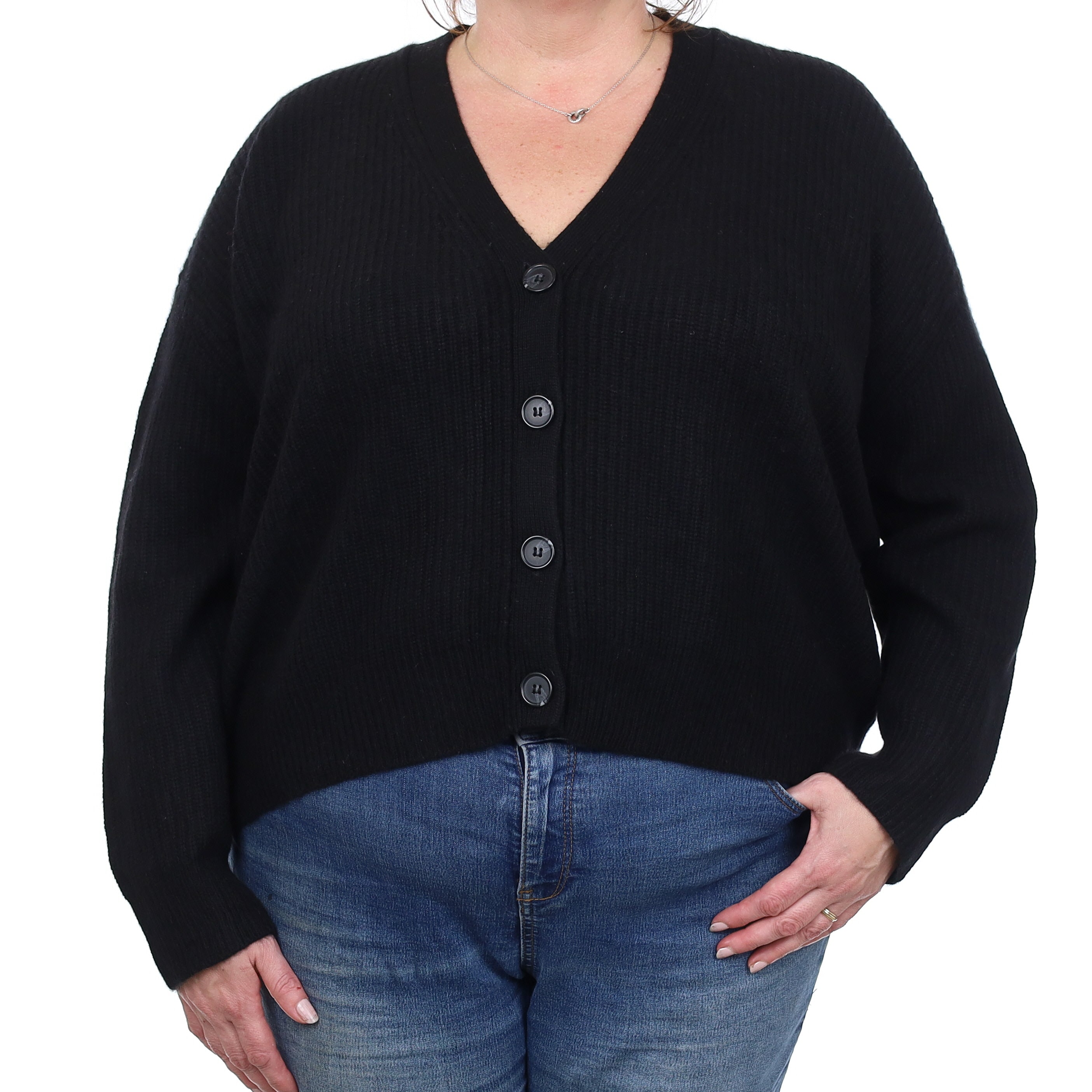 Black Chunky Rib Cashmere Slouchy V Neck Cardigan Extra Large