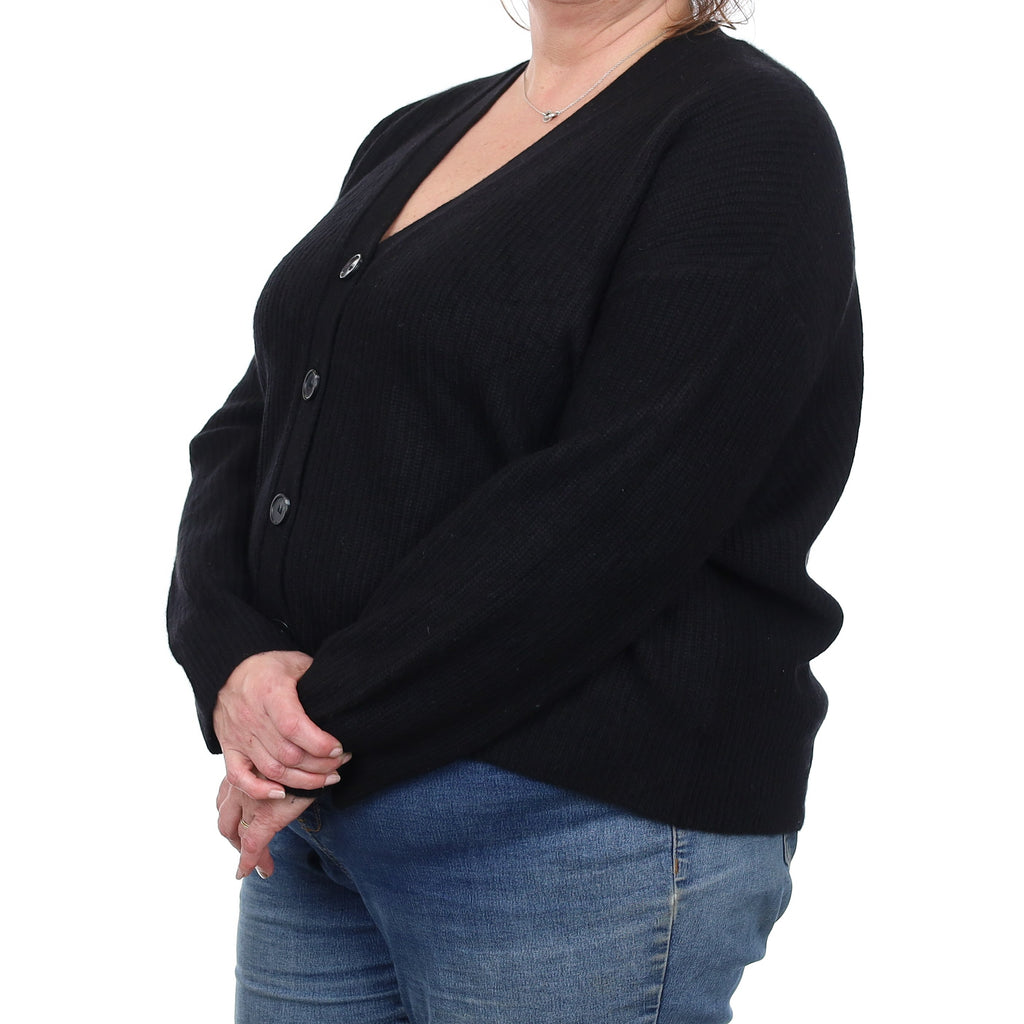 Black Chunky Rib Cashmere Slouchy V Neck Cardigan Extra Large