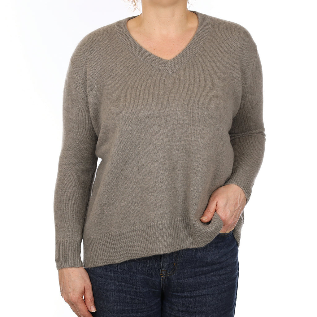 Soft Khaki Green Chunky Cashmere V Neck Jumper Medium