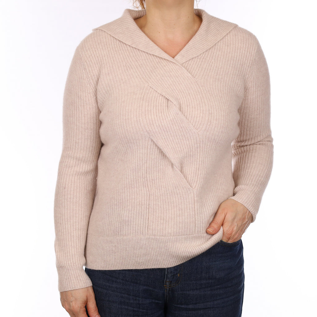 Oatmeal Chunky Rib Cashmere Hooded V Neck Jumper Medium