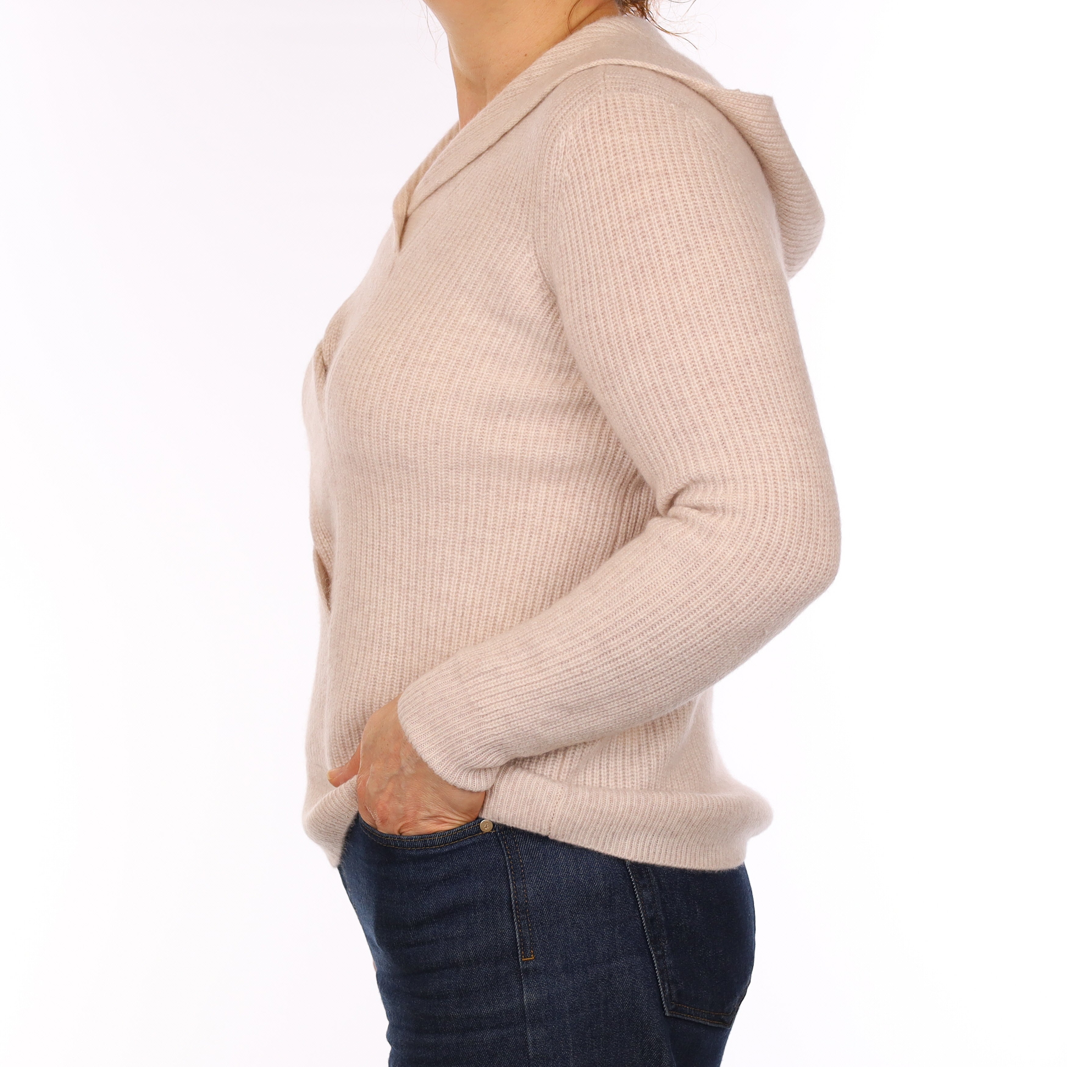 Oatmeal Chunky Rib Cashmere Hooded V Neck Jumper Medium