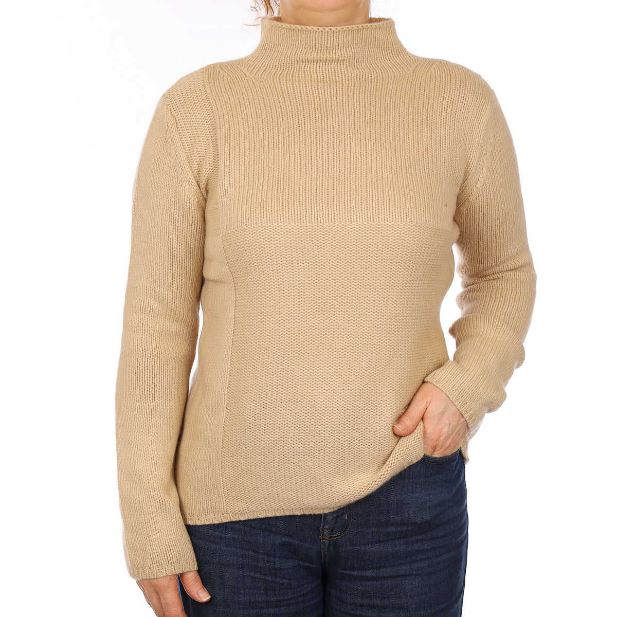 Camel Chunky Knit Cashmere Turtleneck Jumper Medium