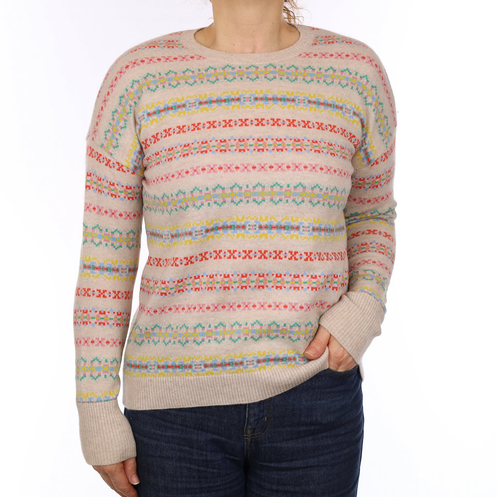 Oatmeal Multicolour Fair Isle Cashmere Crew Neck Jumper Medium