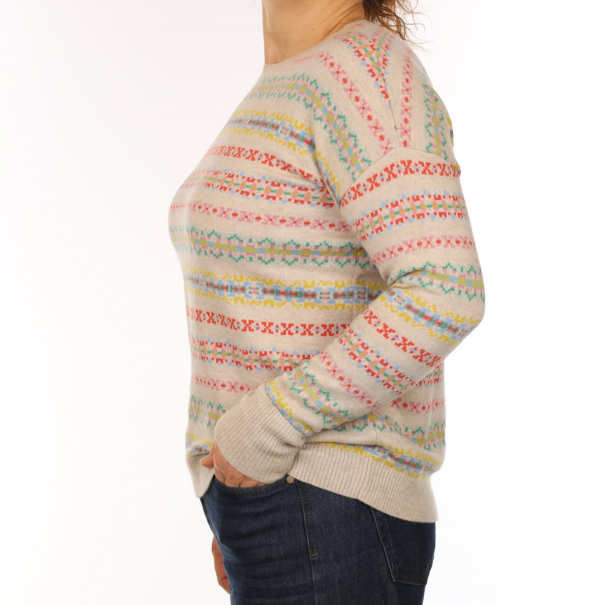 Oatmeal Multicolour Fair Isle Cashmere Crew Neck Jumper Medium