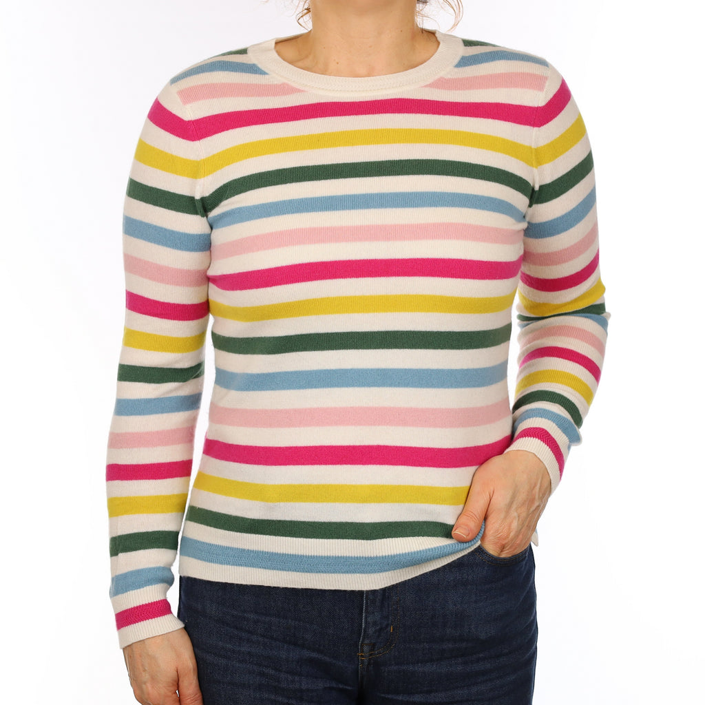 Brand New Cream Multicolour Stripe Cashmere Crew Neck Jumper Medium