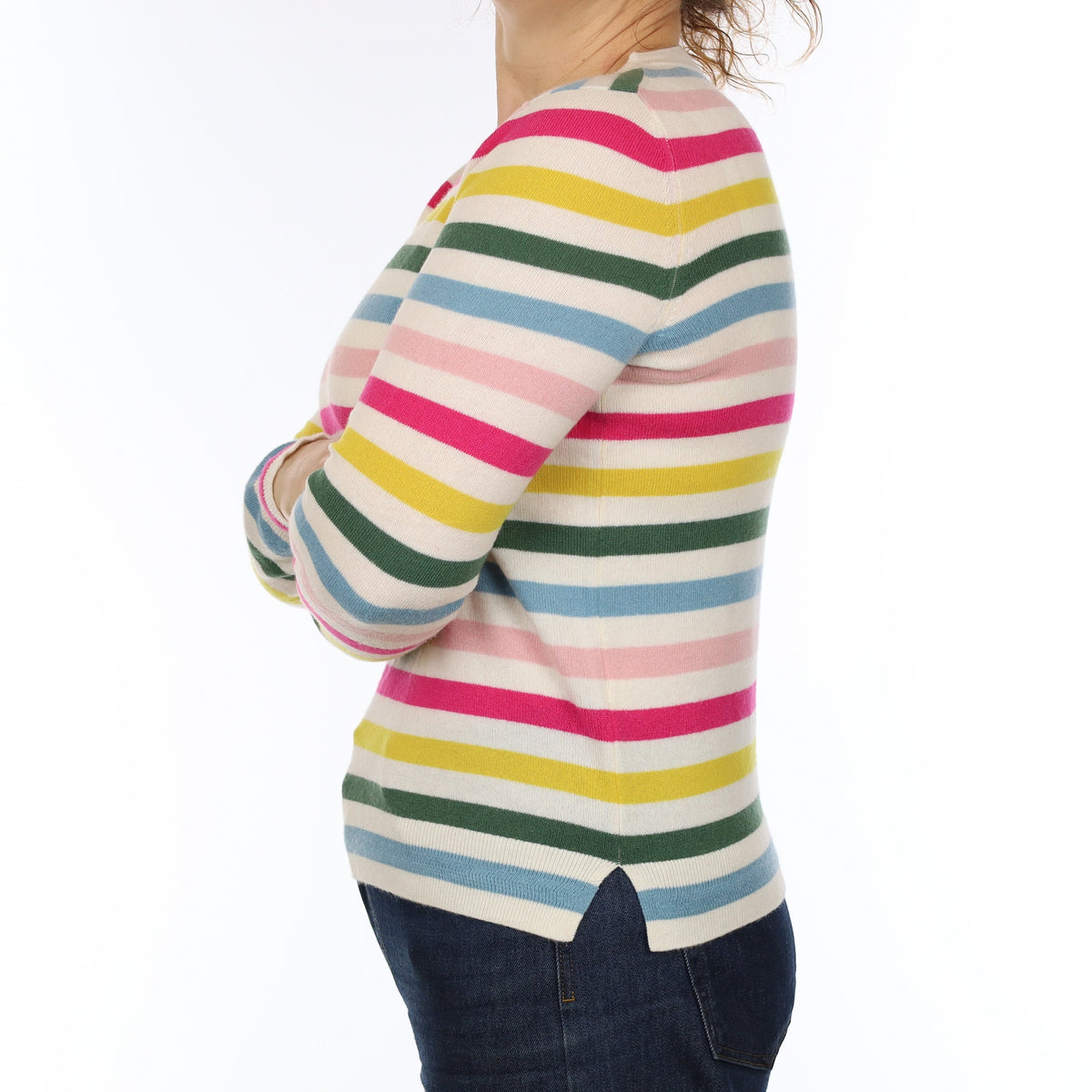 Brand New Cream Multicolour Stripe Cashmere Crew Neck Jumper Medium