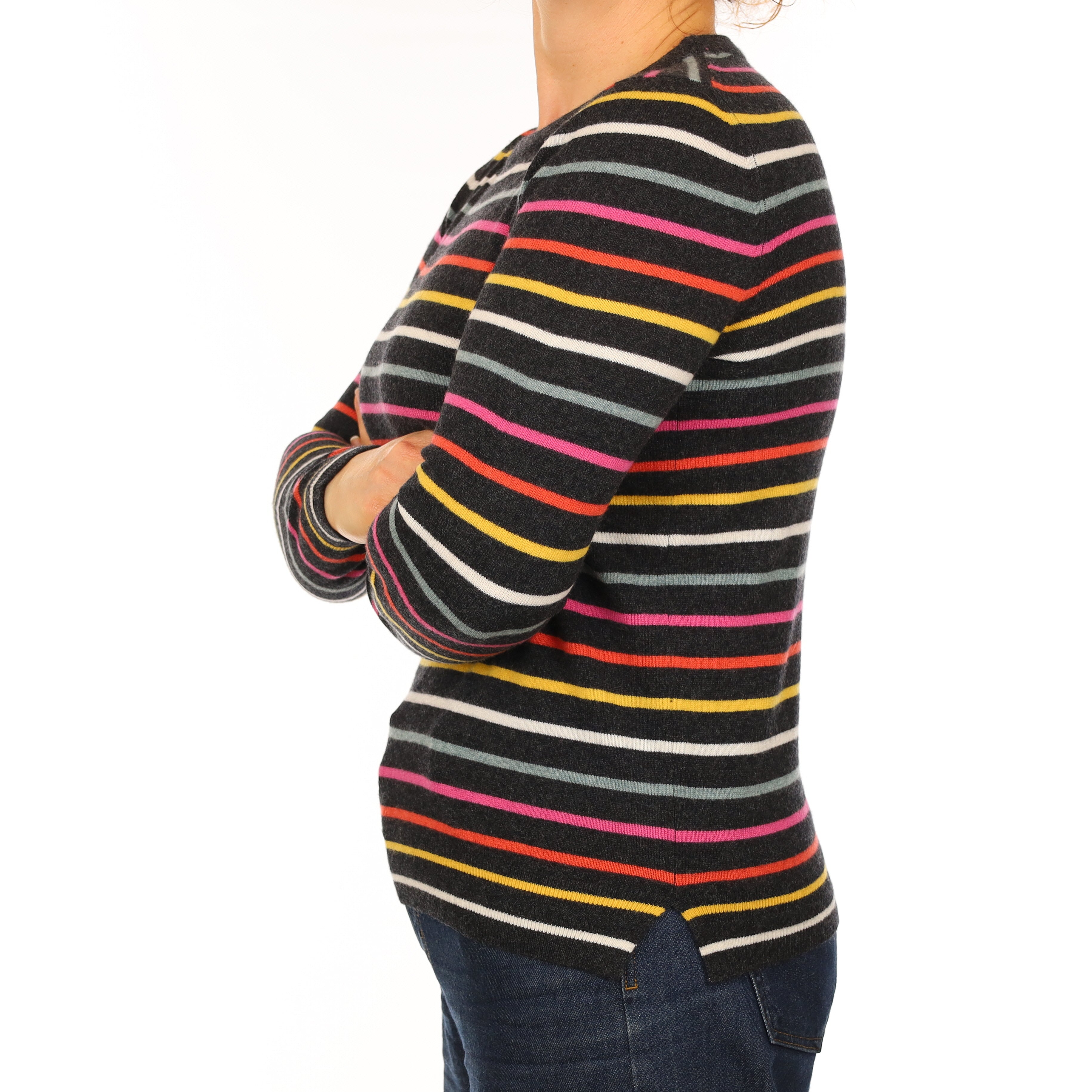 Brand New Charcoal Colourful Stripe Cashmere Crew Neck Jumper Medium