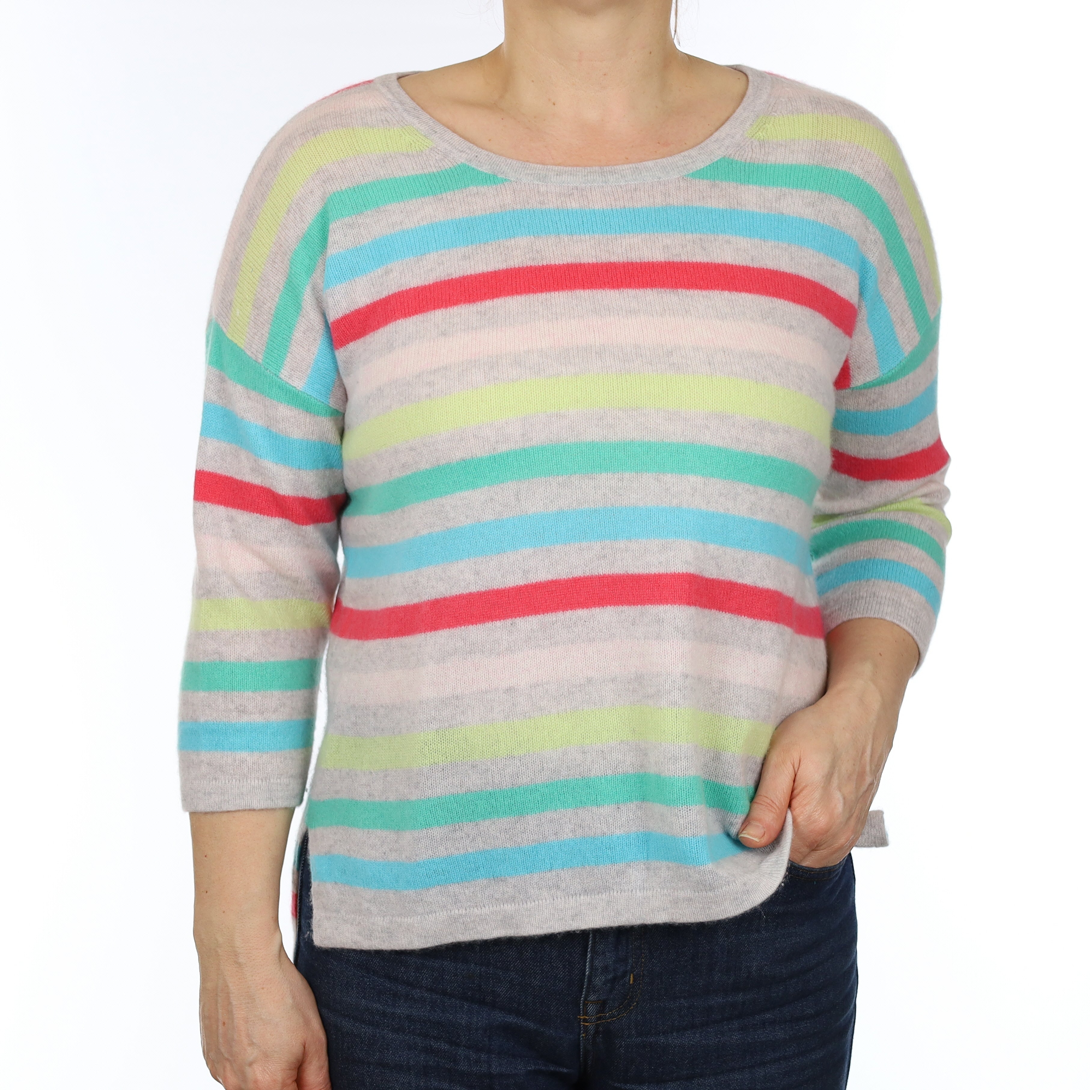 Grey Multicolour Stripe Cashmere 3/4 Sleeve Crew Neck Jumper Medium
