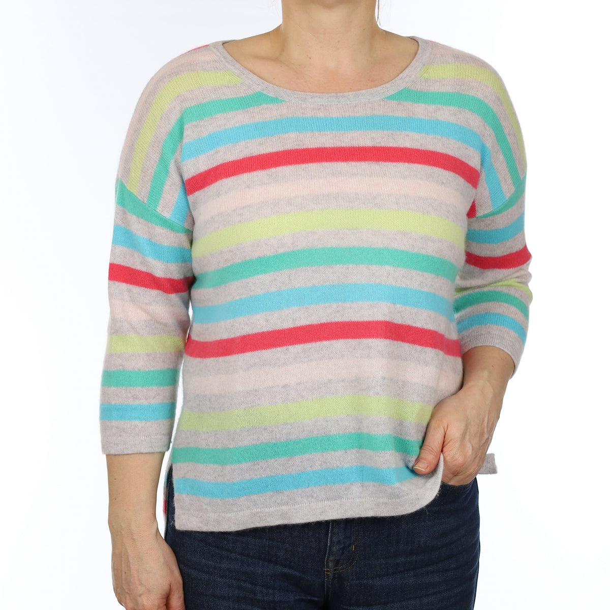 Grey Multicolour Stripe Cashmere 3/4 Sleeve Crew Neck Jumper Medium