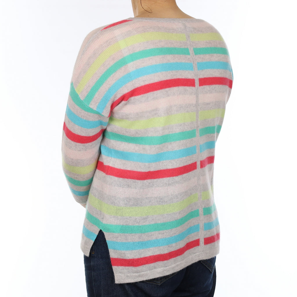 Grey Multicolour Stripe Cashmere 3/4 Sleeve Crew Neck Jumper Medium