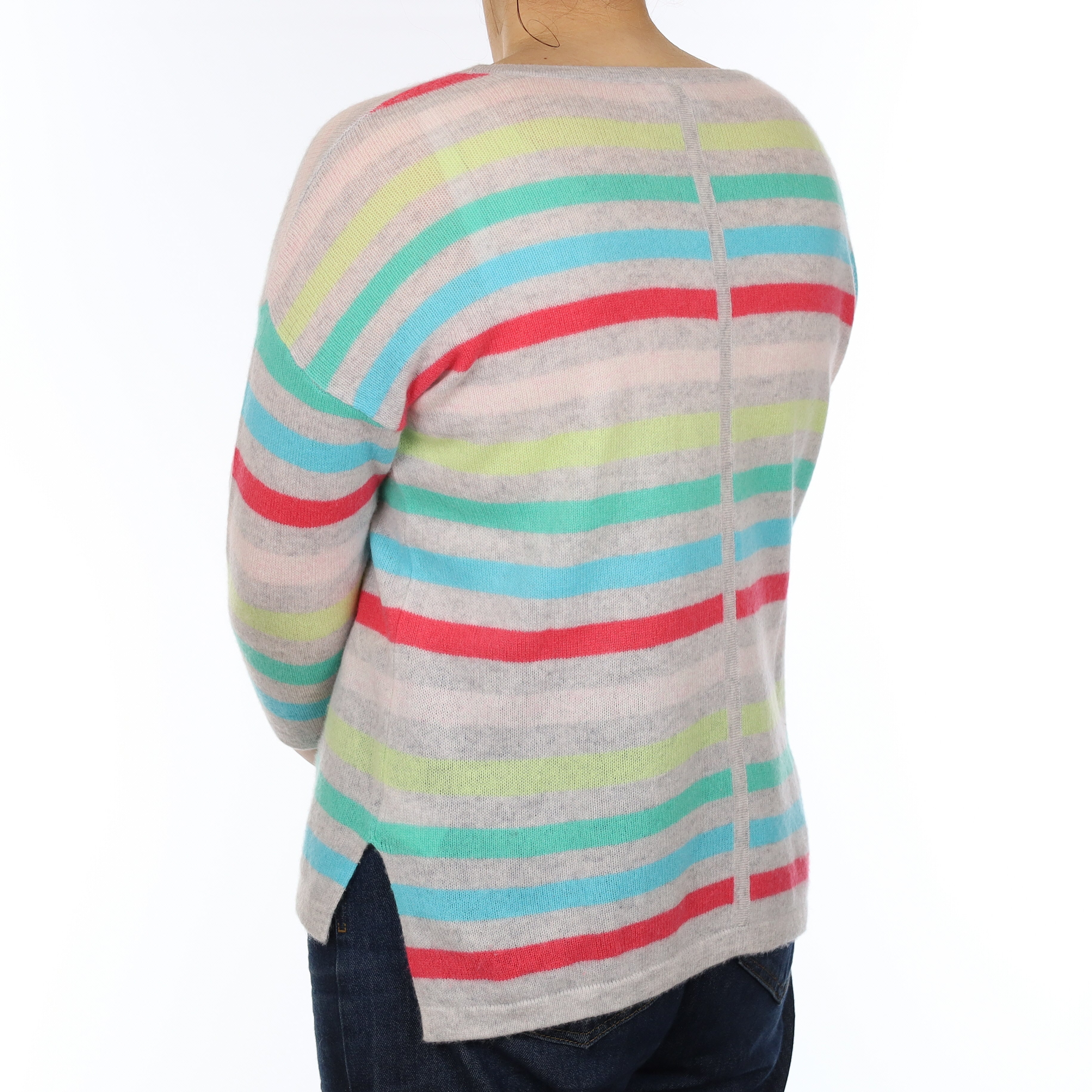 Grey Multicolour Stripe Cashmere 3/4 Sleeve Crew Neck Jumper Medium