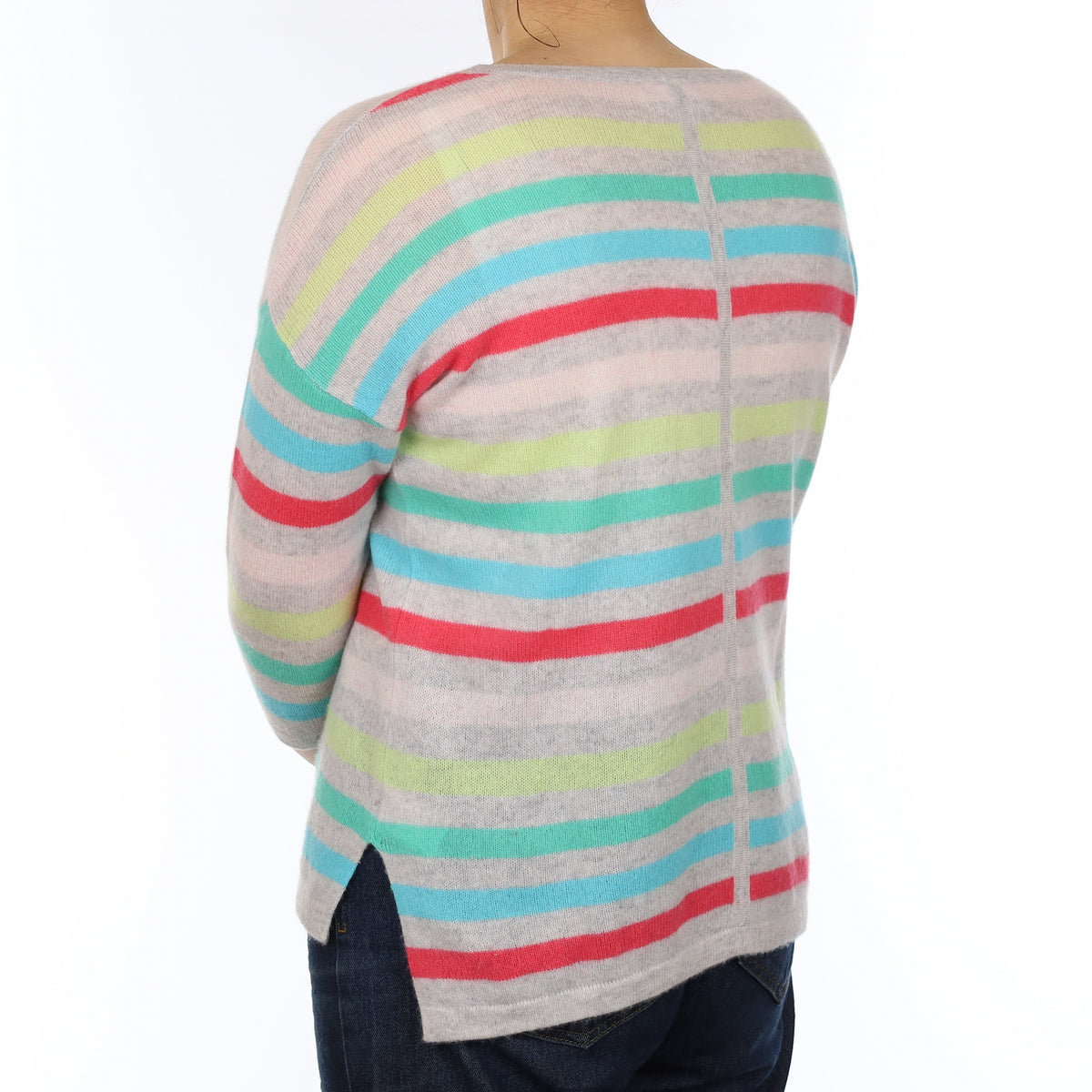 Grey Multicolour Stripe Cashmere 3/4 Sleeve Crew Neck Jumper Medium